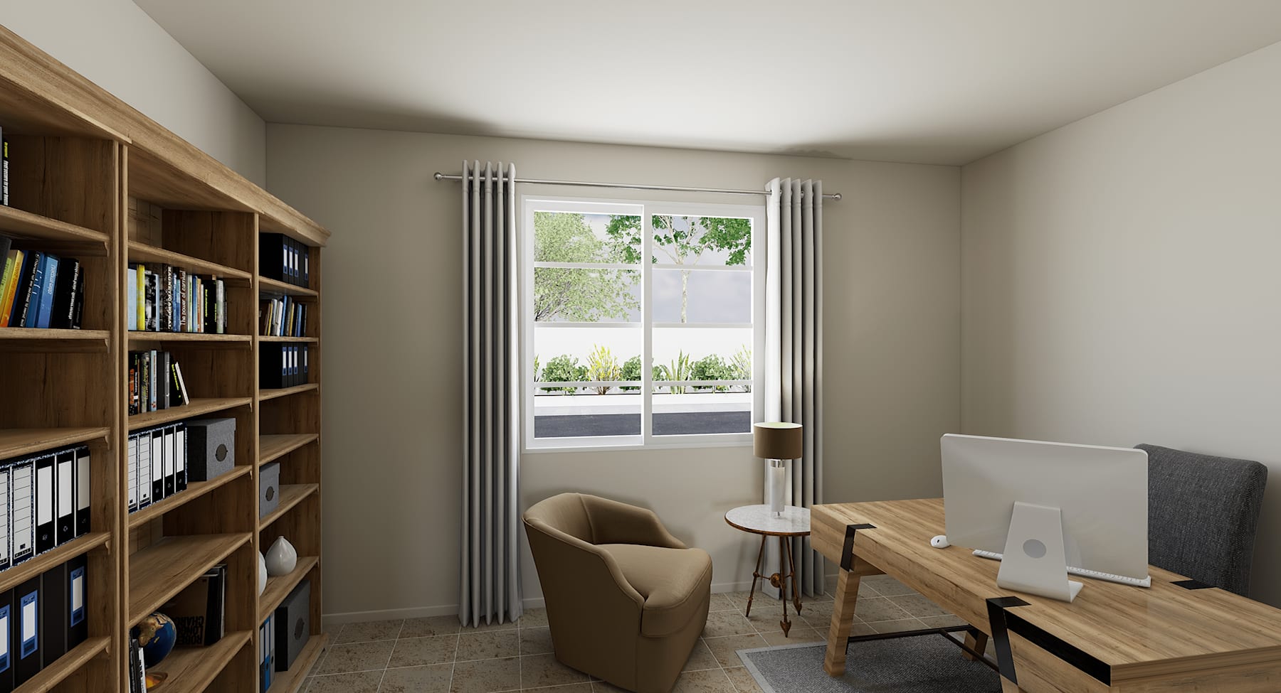 A cozy home office with a large bookshelf, a comfortable chair, and a wooden desk overlooking a window with a view of the outdoors.