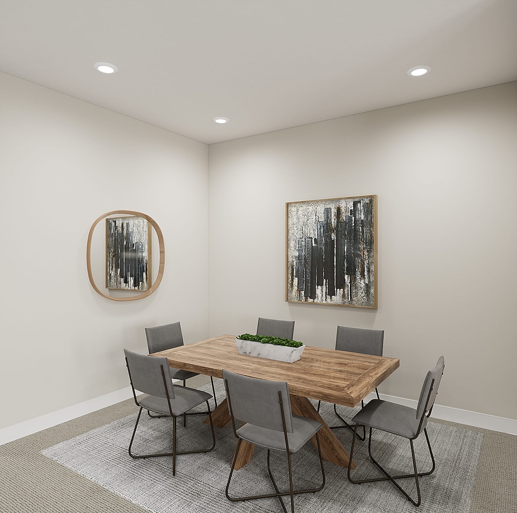 A modern dining room with a wooden table, gray chairs, and abstract artwork on the walls.