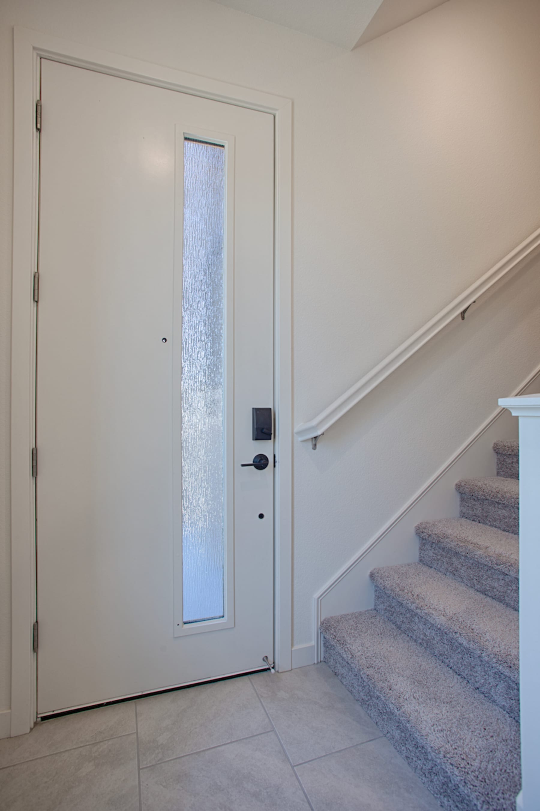 A white door with a glass panel stands in the foreground, leading to a staircase with carpeted steps in the background.