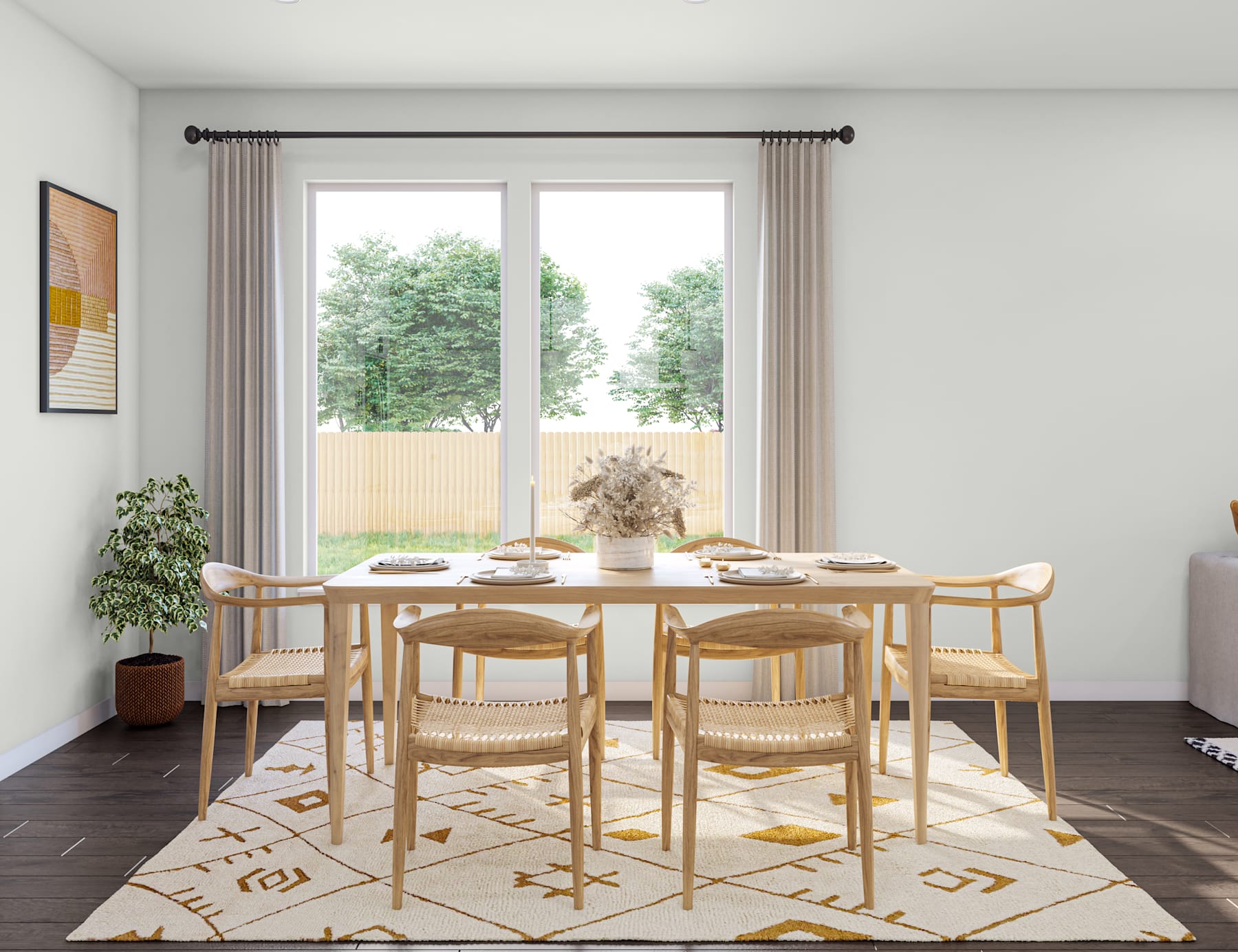 A modern and minimalist dining room with a wooden table and chairs, a patterned rug, and a large window overlooking a lush outdoor area.