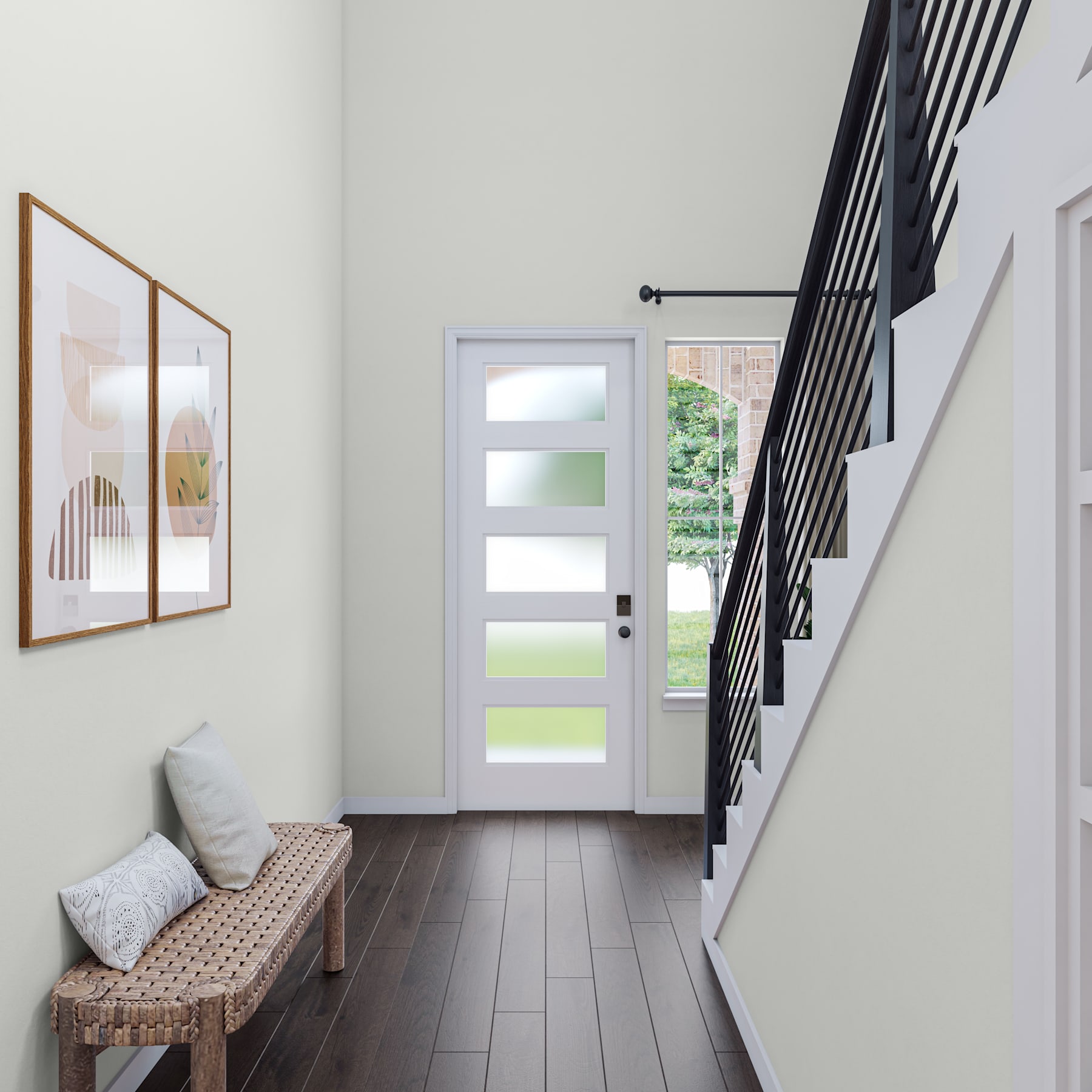 A modern and minimalist entryway with a wooden bench, framed artwork on the wall, and a glass-paneled door leading to the outdoors.