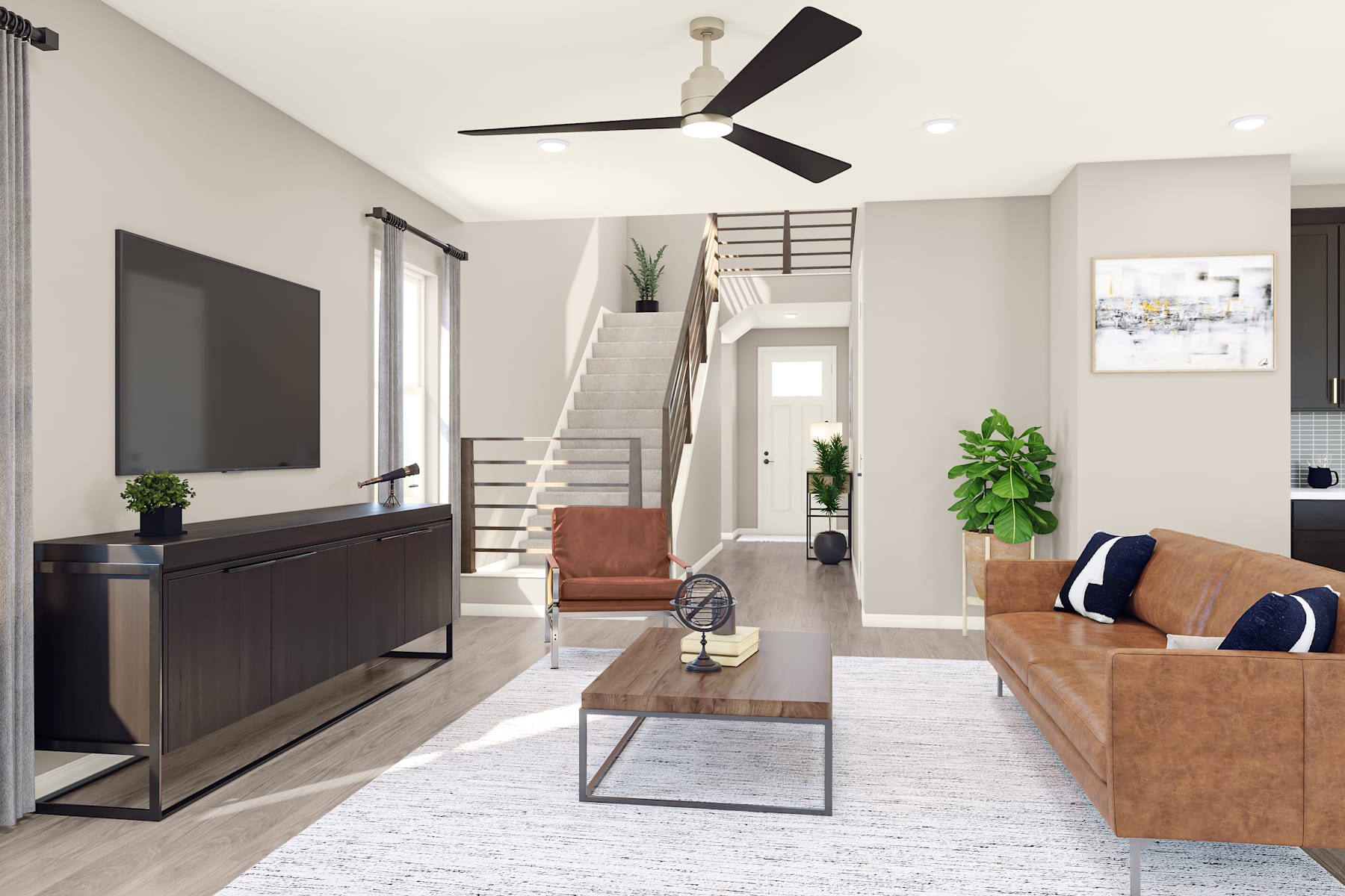 A modern and minimalist living room with a large TV, a sleek coffee table, and a ceiling fan, surrounded by potted plants and natural light.