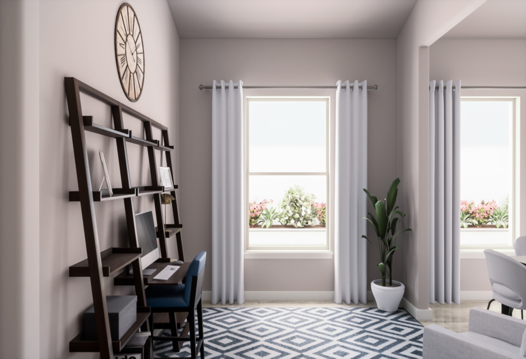 A modern and minimalist living room with a black metal shelving unit, a patterned rug, and large windows overlooking a lush outdoor scene.