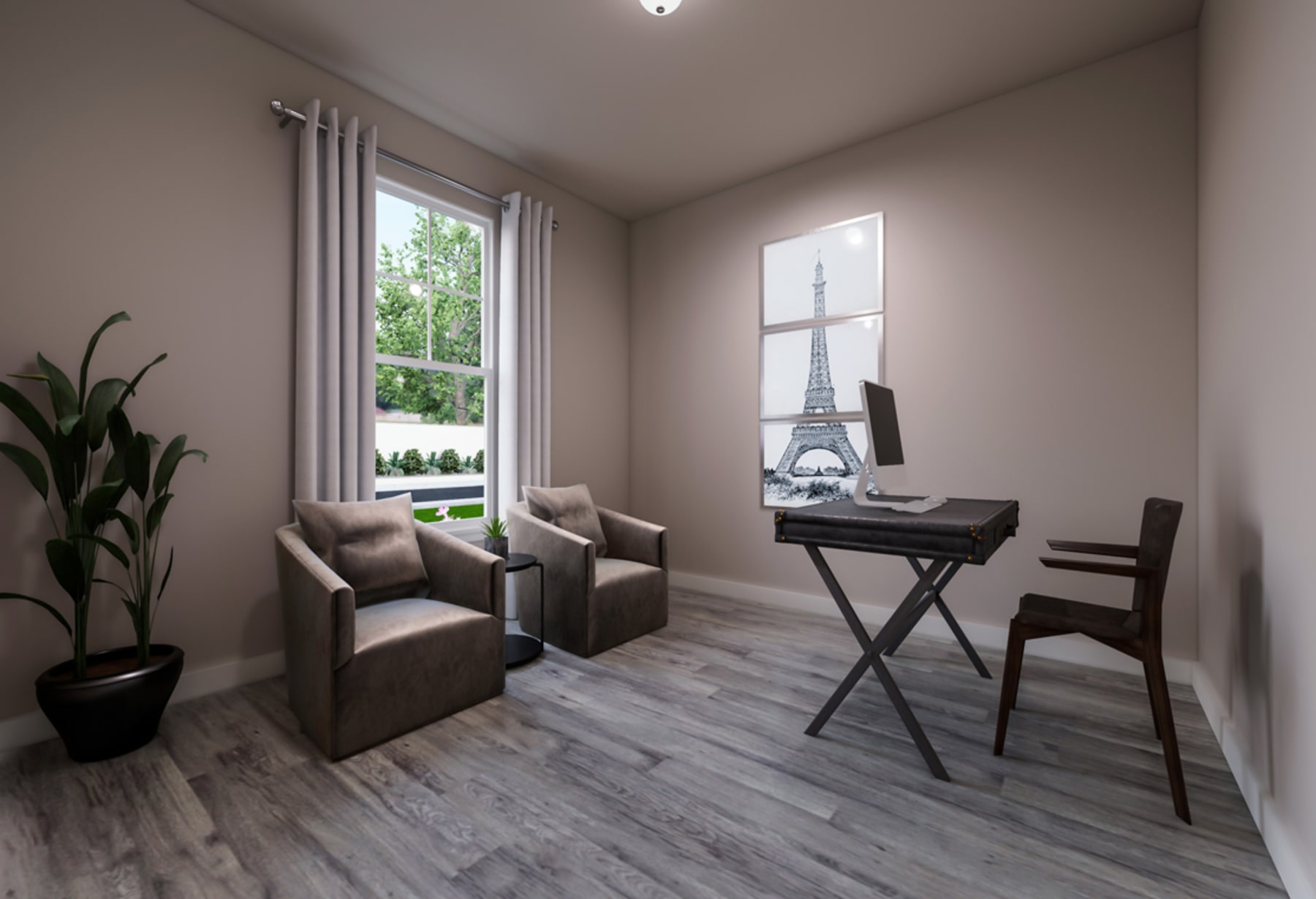 A cozy and modern home office space with a large window overlooking a lush outdoor landscape, featuring a desk with an Eiffel Tower figurine and comfortable armchairs.