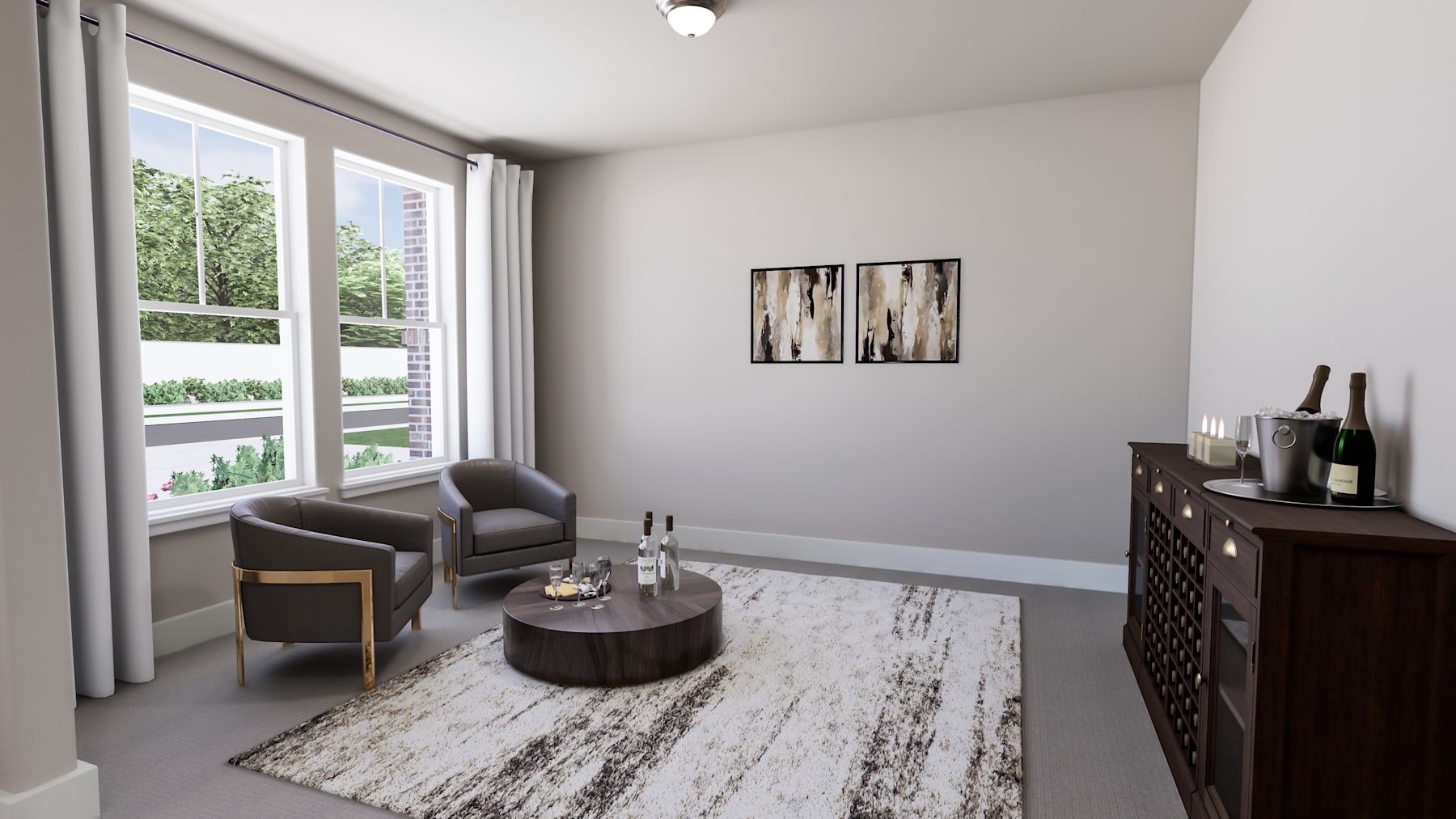 A cozy living room with a large window, a gray armchair, a round coffee table, and abstract artwork on the wall.