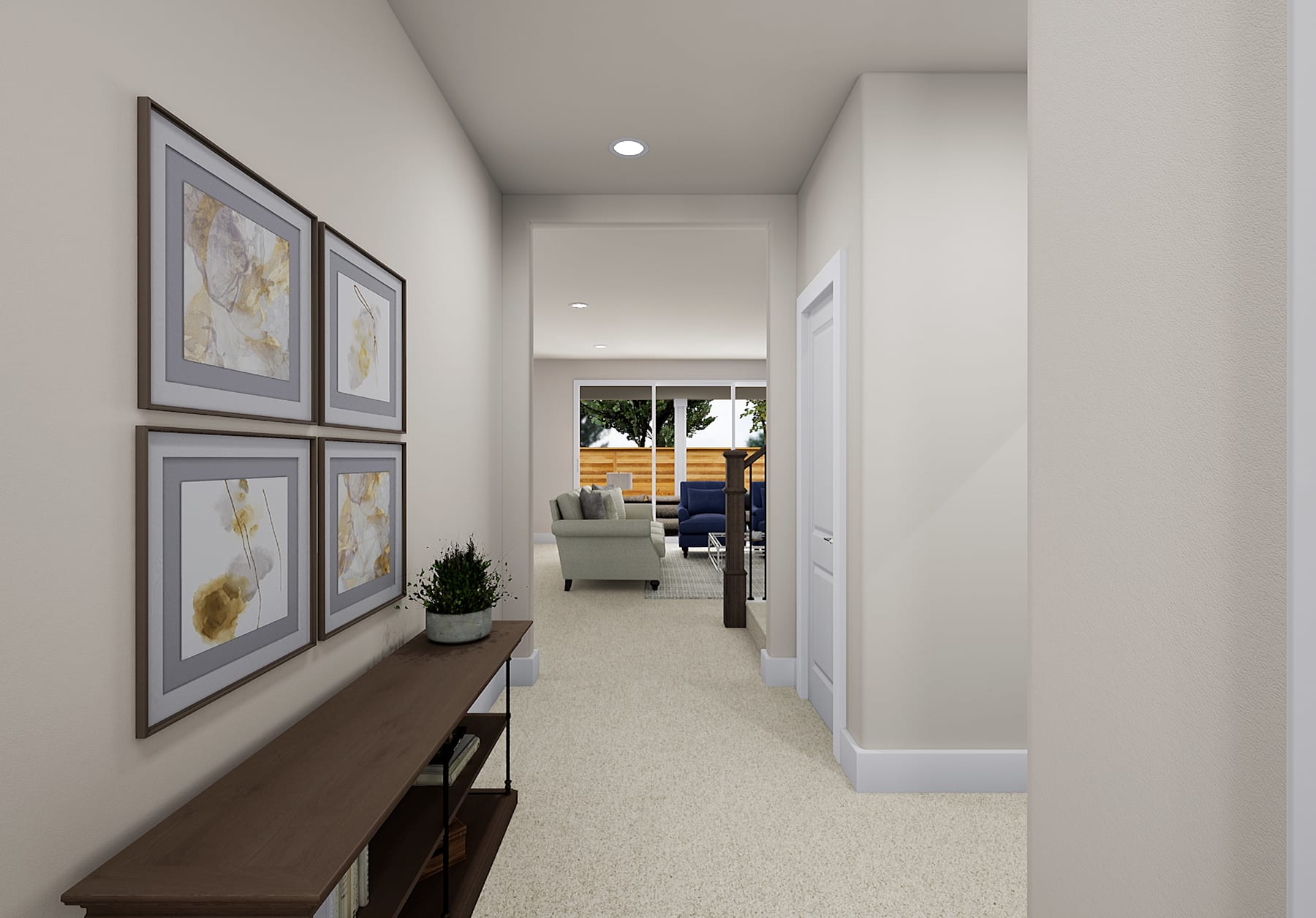 A well-lit hallway with framed artwork on the walls, a wooden bench, and a view of a living room area in the background.