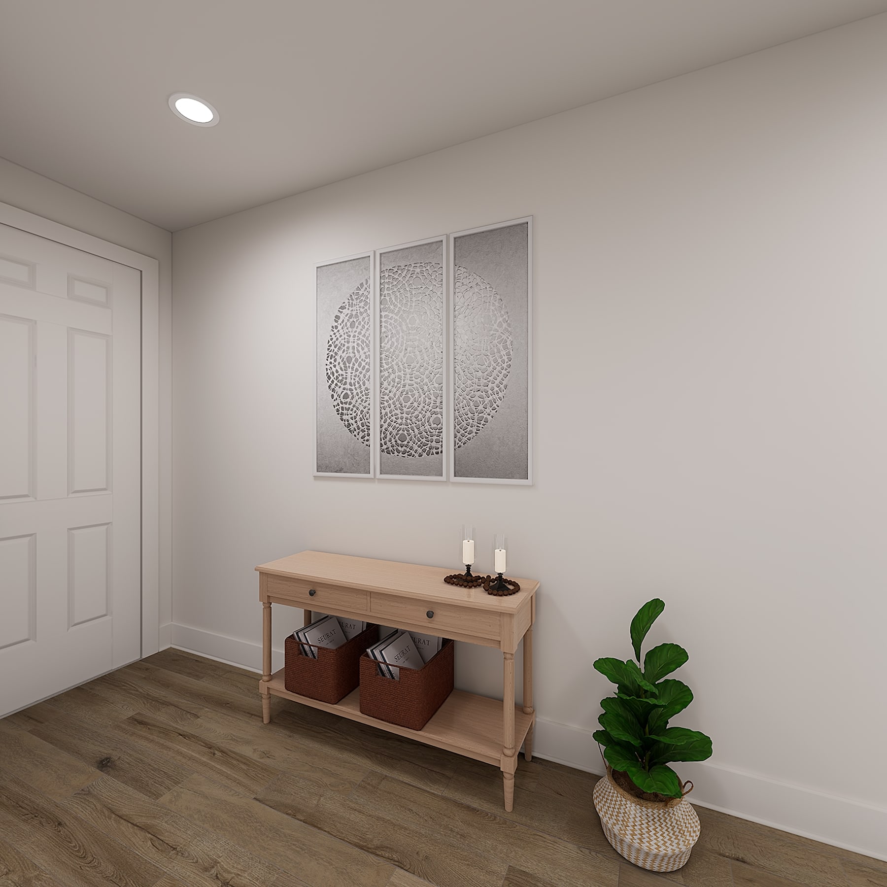 A minimalist entryway with a wooden console table, decorative wall art, and a potted plant, set against a neutral-toned background.