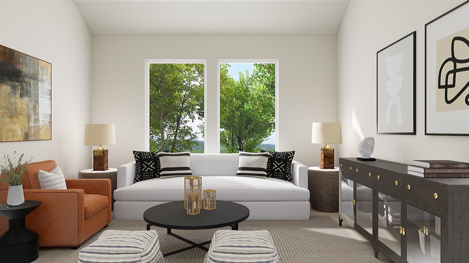 A cozy and modern living room with large windows overlooking lush greenery, featuring a white sofa, orange armchair, and a dark wooden cabinet.