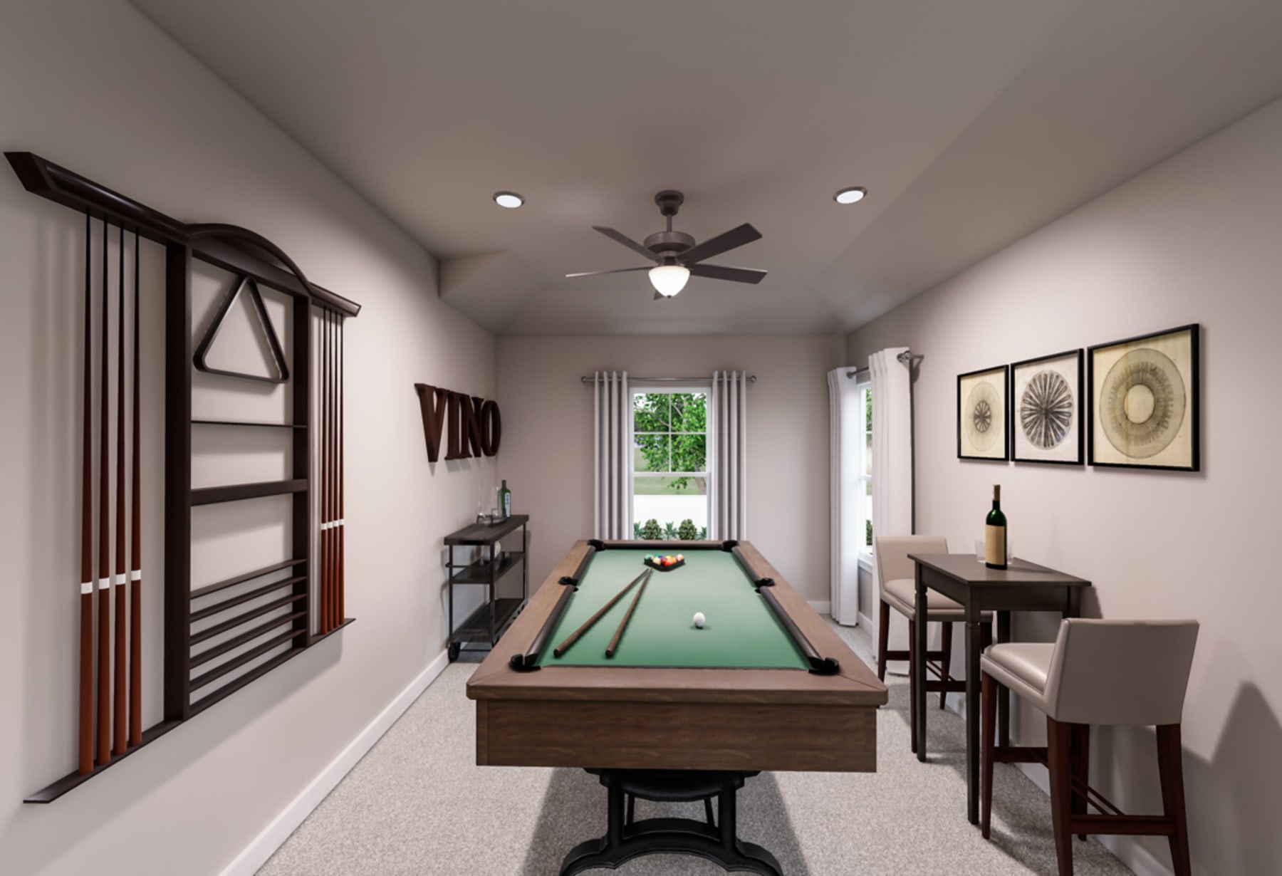 A cozy and well-furnished game room with a pool table, shelves, and artwork on the walls, set against a backdrop of a large window overlooking greenery outside.