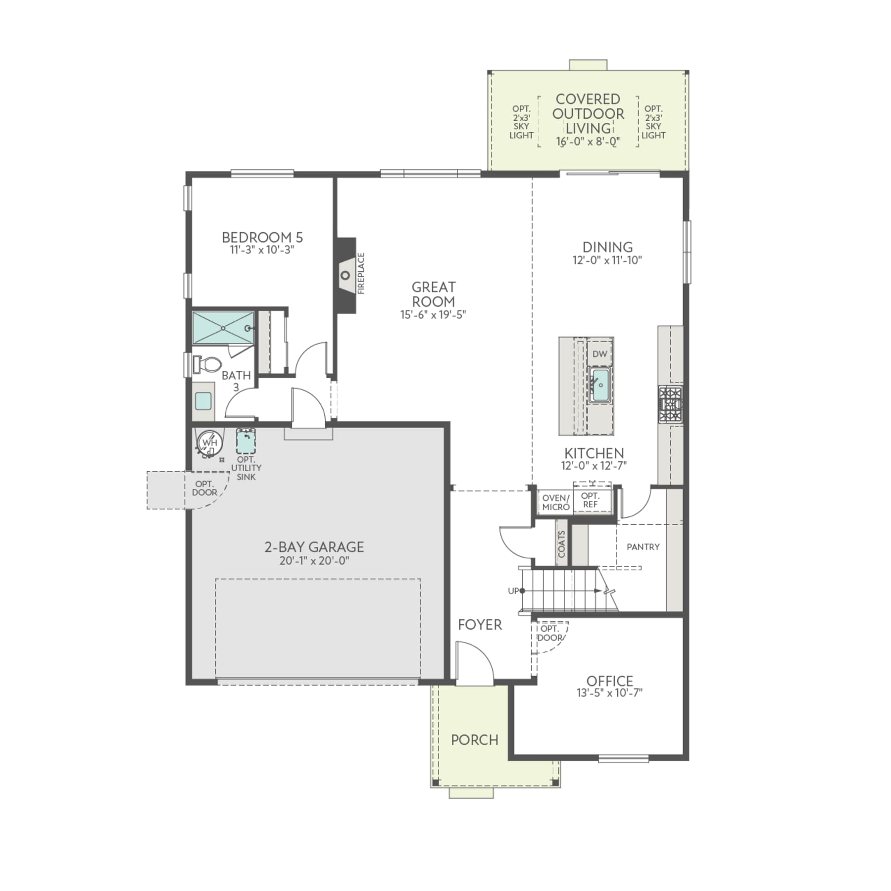 The image appears to be a floor plan or layout of a residential home, featuring a two-car garage, a great room, a dining area, a kitchen, a bedroom, and other rooms. The layout is presented in a simple, clean design with labeled spaces.