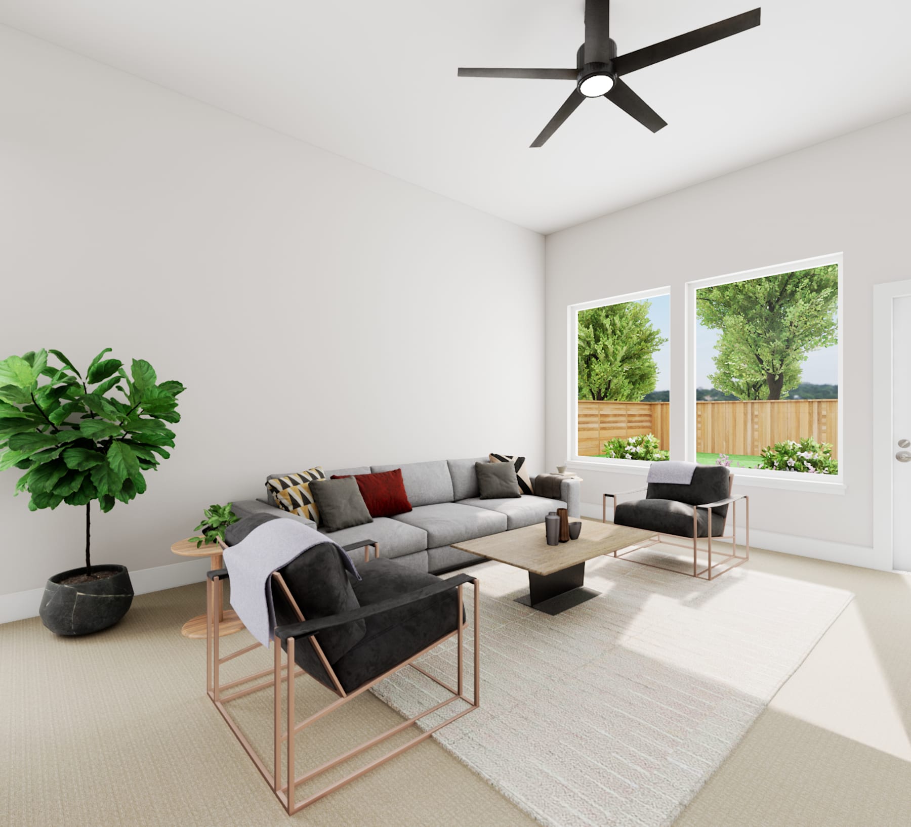 A modern and minimalist living room with a large gray sectional sofa, a potted plant, and a view of the lush greenery outside through the large window.
