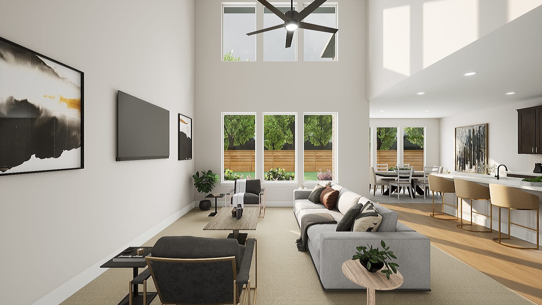 A modern, open-concept living space with a minimalist design, featuring large windows that allow natural light to flood the room and provide a view of the outdoor greenery.