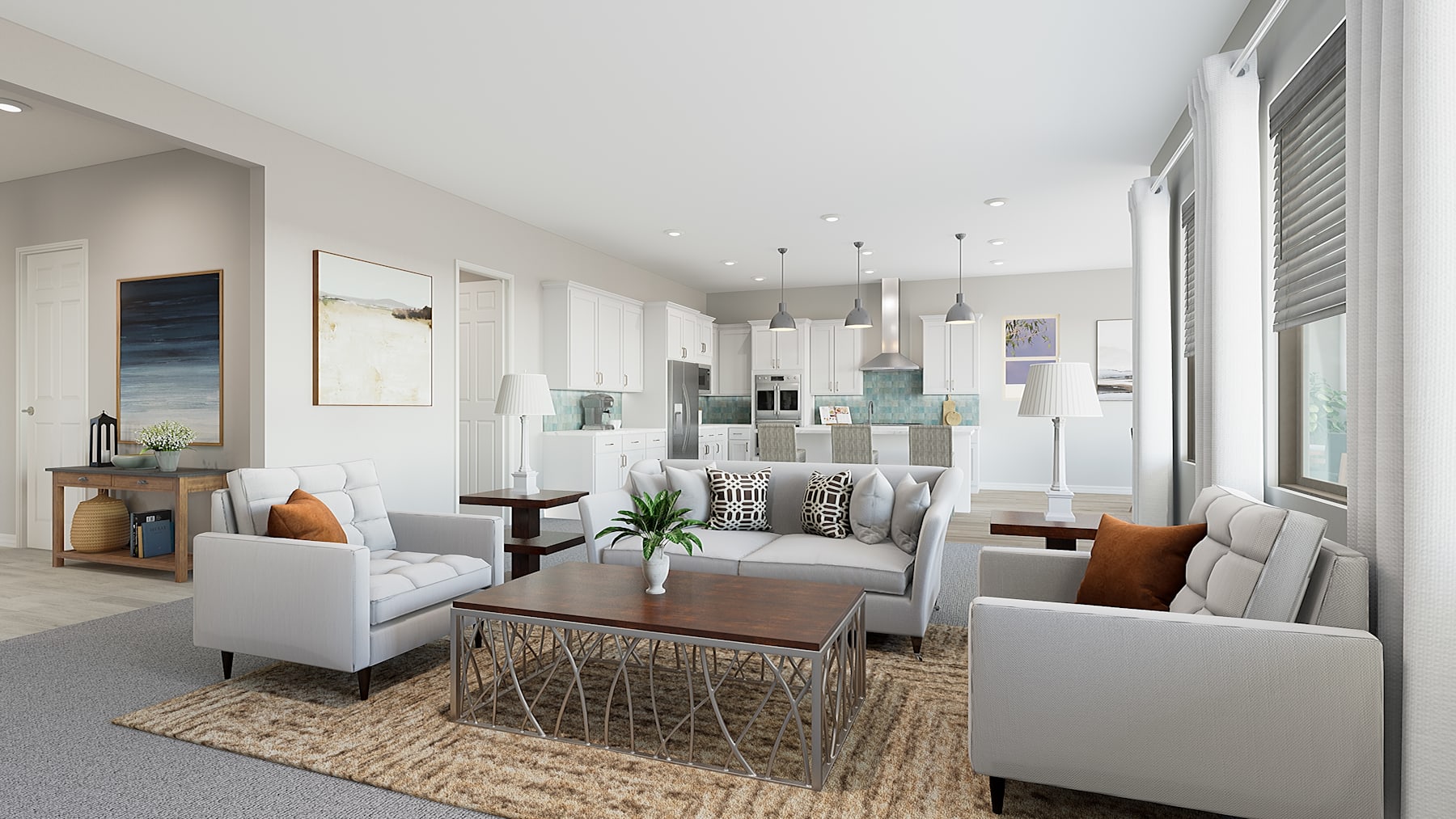 A modern and minimalist living room with white furniture, a glass coffee table, and various decorative elements on the walls, creating a cohesive and visually appealing space.