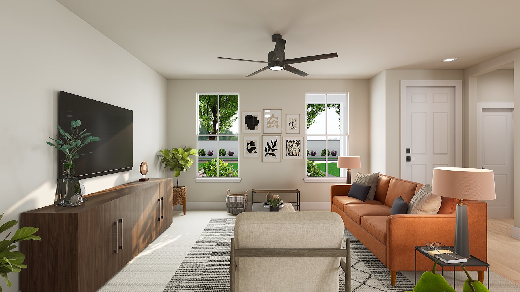 A cozy and inviting living room with a large TV stand, an orange sofa, and various decorative elements such as plants, artwork, and a ceiling fan.
