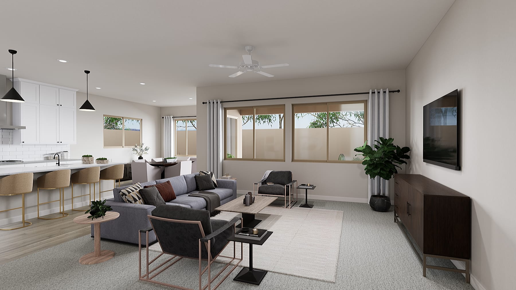 A modern and spacious living room with a kitchen area, featuring a couch, chairs, and a TV stand, surrounded by large windows that allow natural light to fill the space.