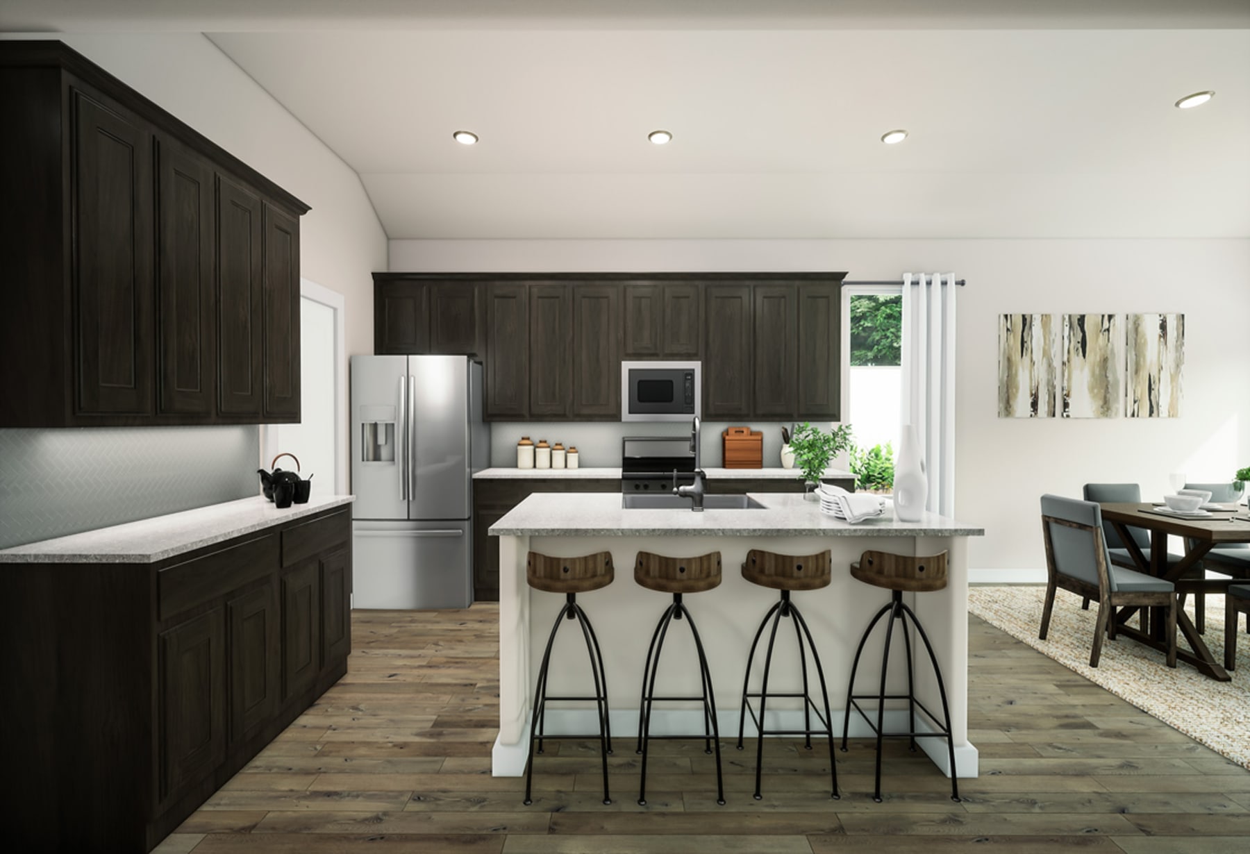 A modern and sleek kitchen with dark wood cabinets, a white island with bar stools, and a dining area in the background.