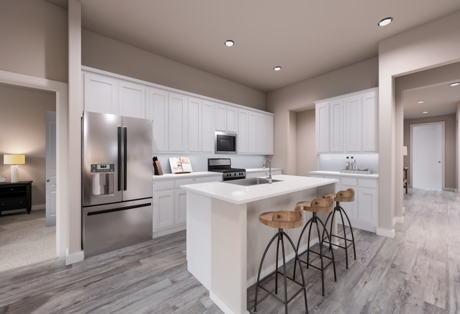 A modern, open-concept kitchen with white cabinets, stainless steel appliances, and a large central island with bar stools, set against a neutral-toned backdrop.