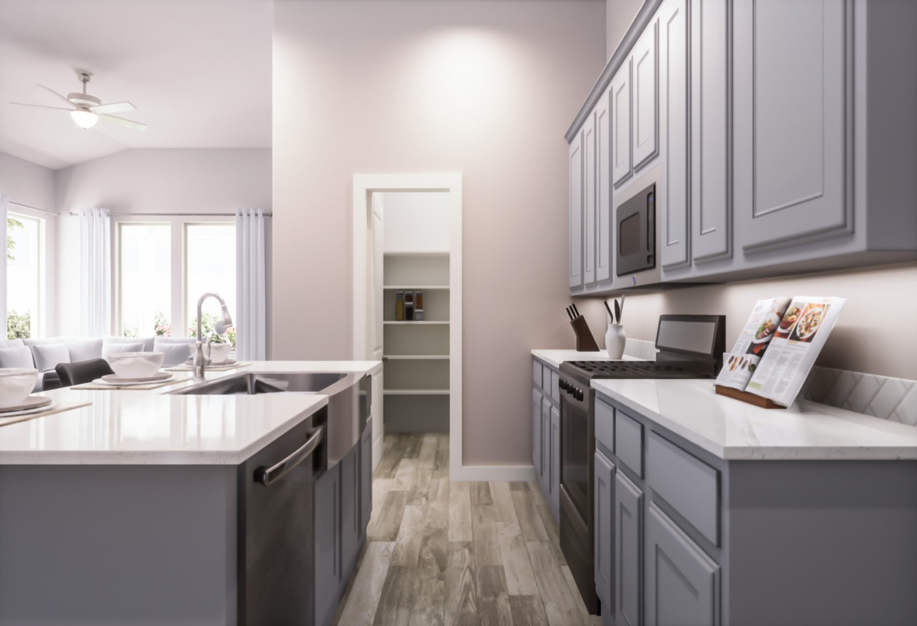 A modern, well-lit kitchen with gray cabinets, white countertops, and a wooden floor, featuring a sink and appliances in the foreground.