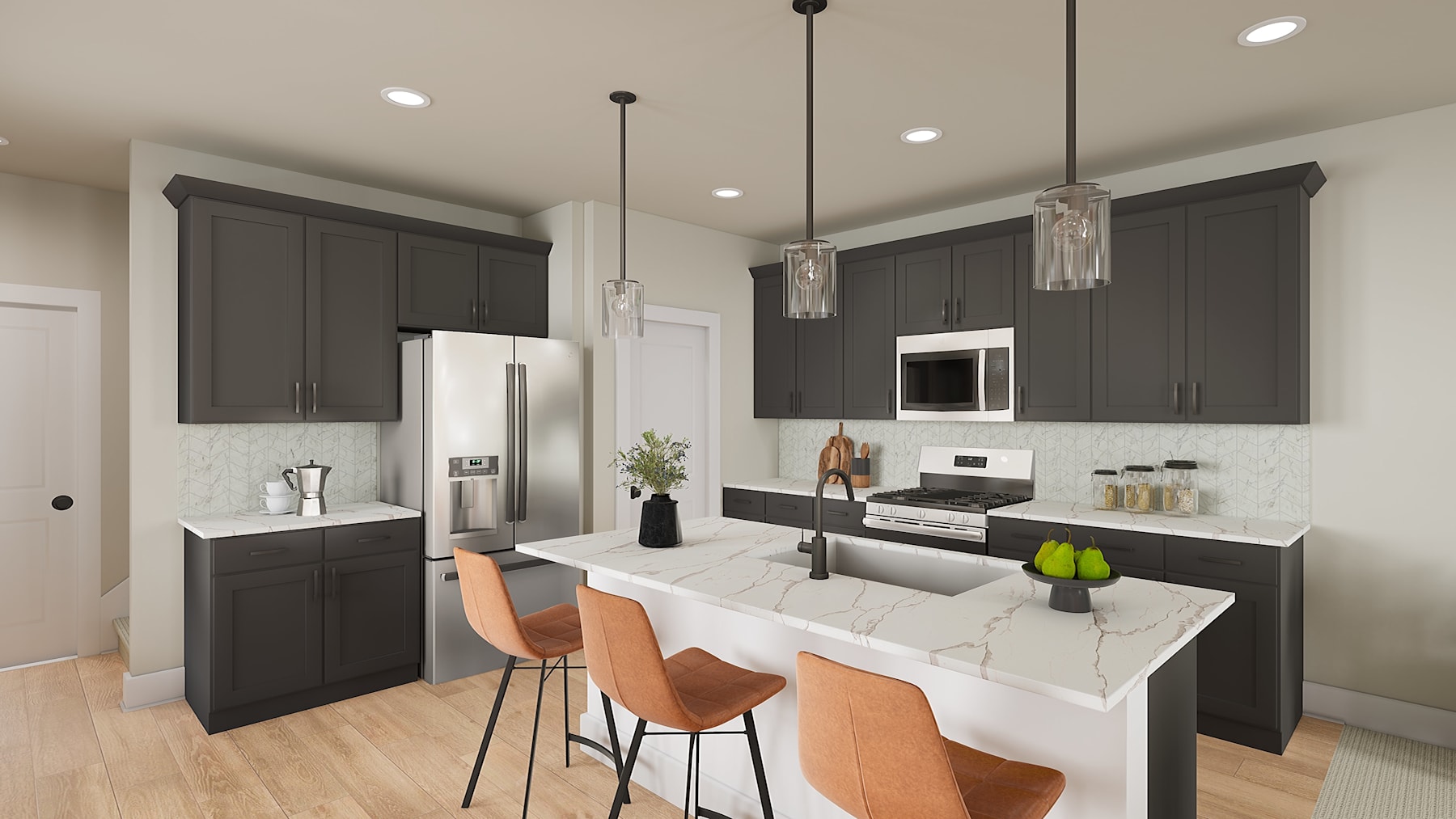 A modern, well-designed kitchen with dark cabinets, white countertops, and pendant lighting, featuring a kitchen island with bar stools.