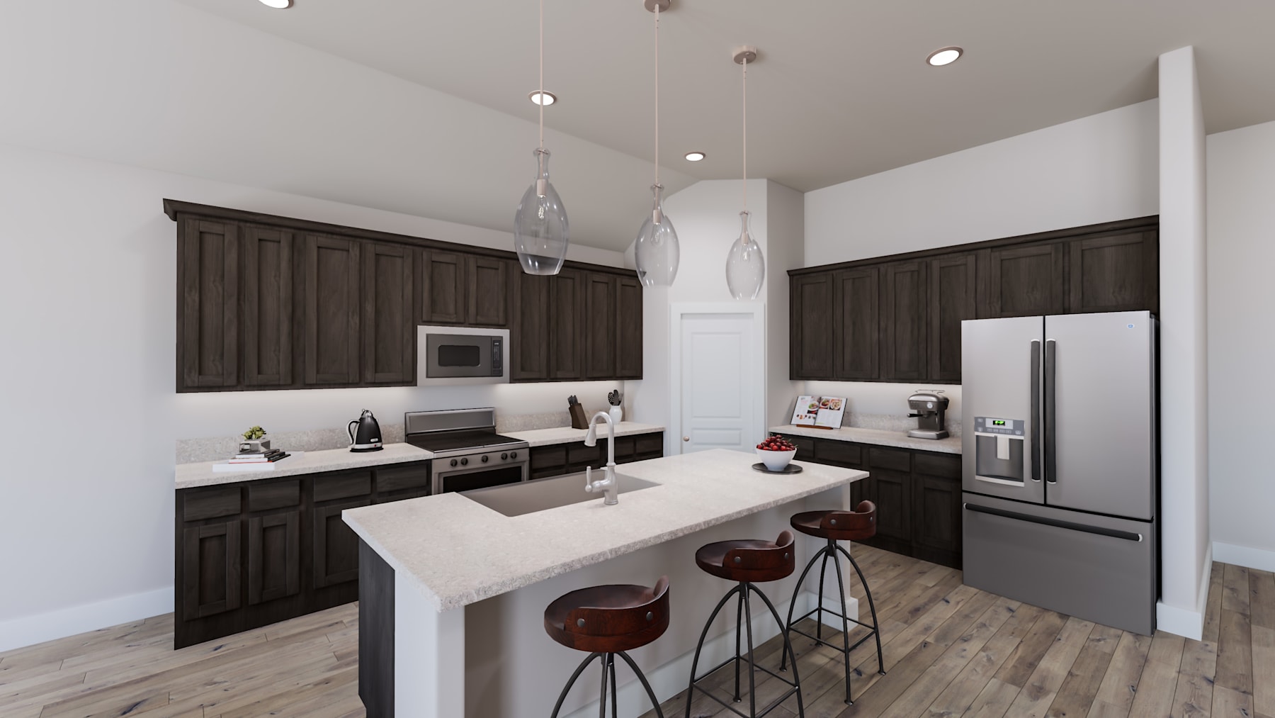 A modern, open-concept kitchen with dark wood cabinets, a white countertop island, and stainless steel appliances, set against a bright and airy background.