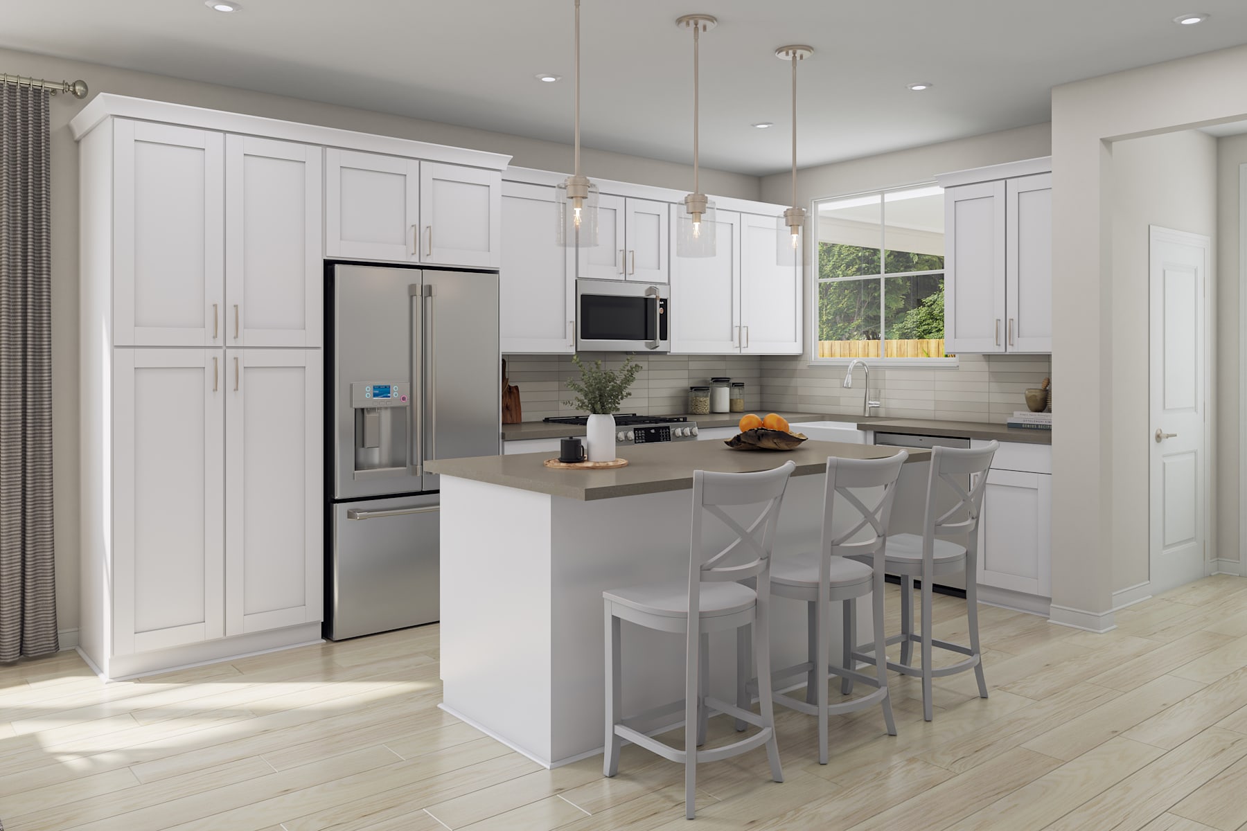 A modern, bright, and spacious kitchen with white cabinets, stainless steel appliances, and a central island with bar stools, set against a backdrop of large windows overlooking a natural outdoor scene.