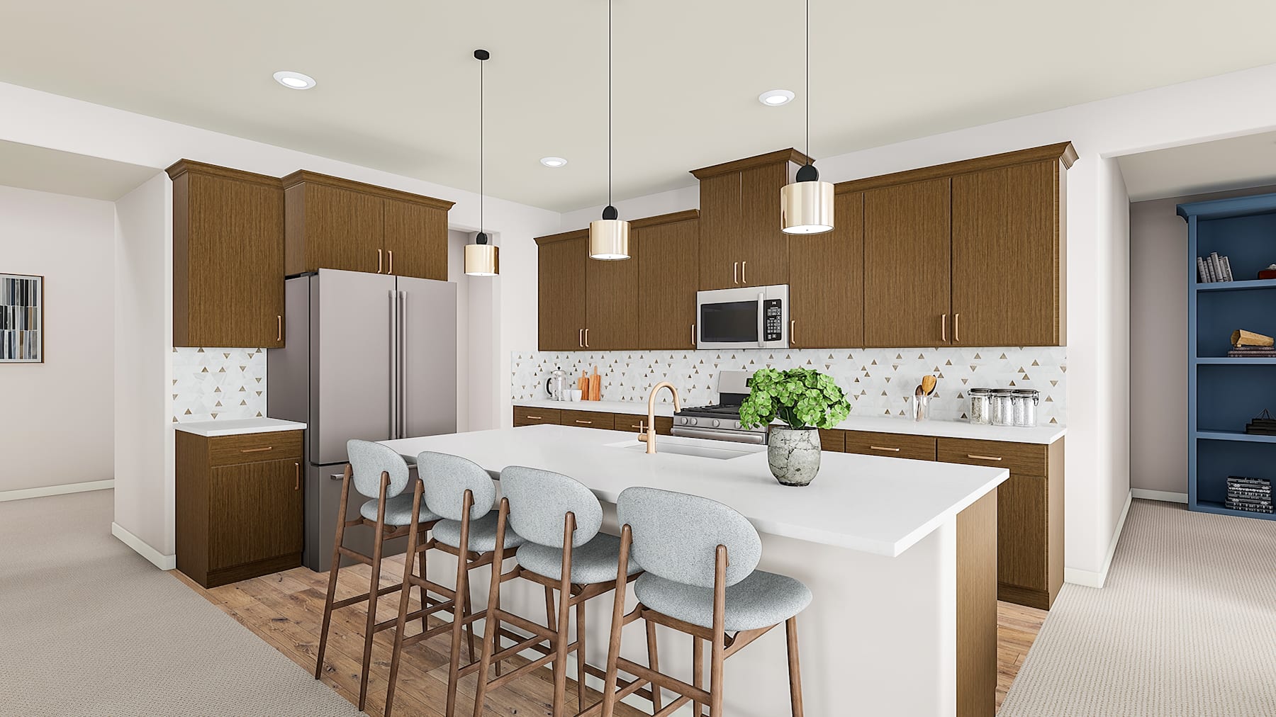 A modern and well-designed kitchen with wooden cabinets, white countertops, and bar stools, complemented by a vase of greenery on the island.