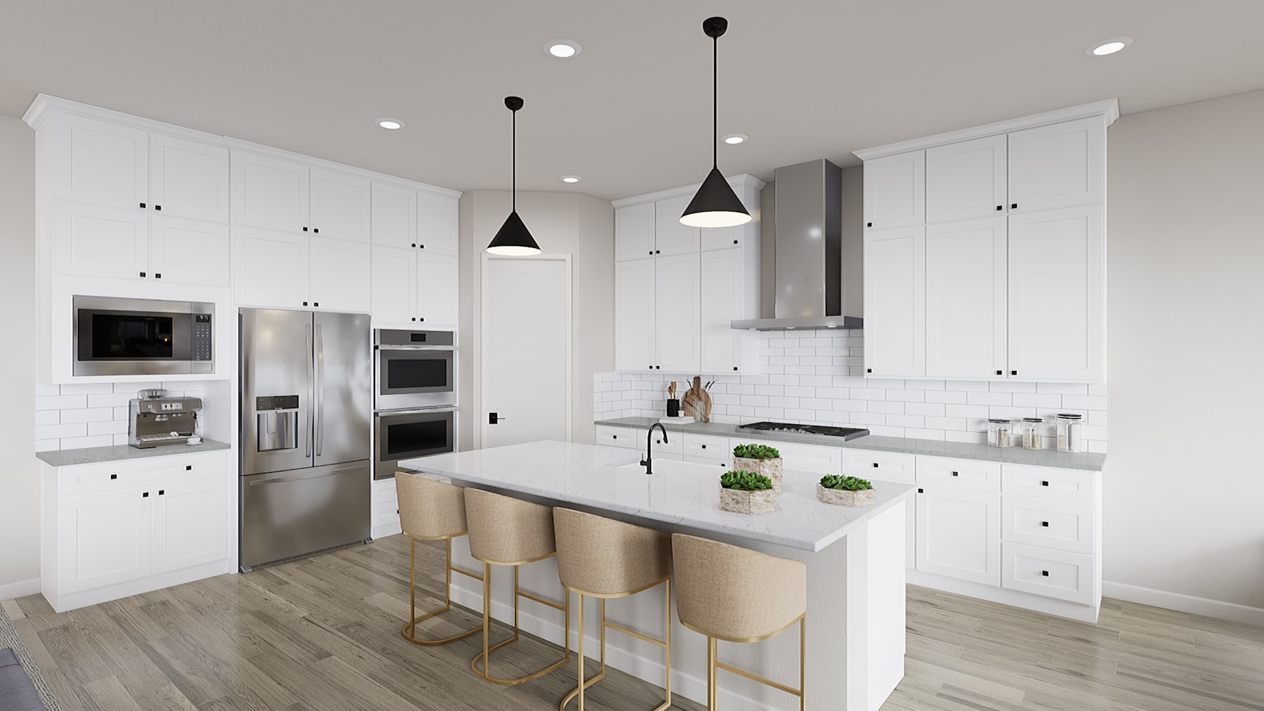 A modern, minimalist kitchen with white cabinets, stainless steel appliances, and a central island with bar stools.
