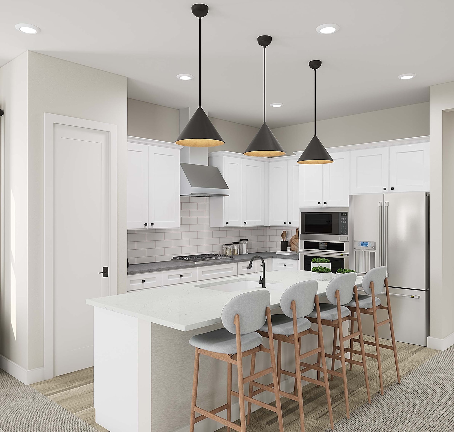 A modern, minimalist kitchen with white cabinets, a large island, and three black pendant lights hanging above the island.
