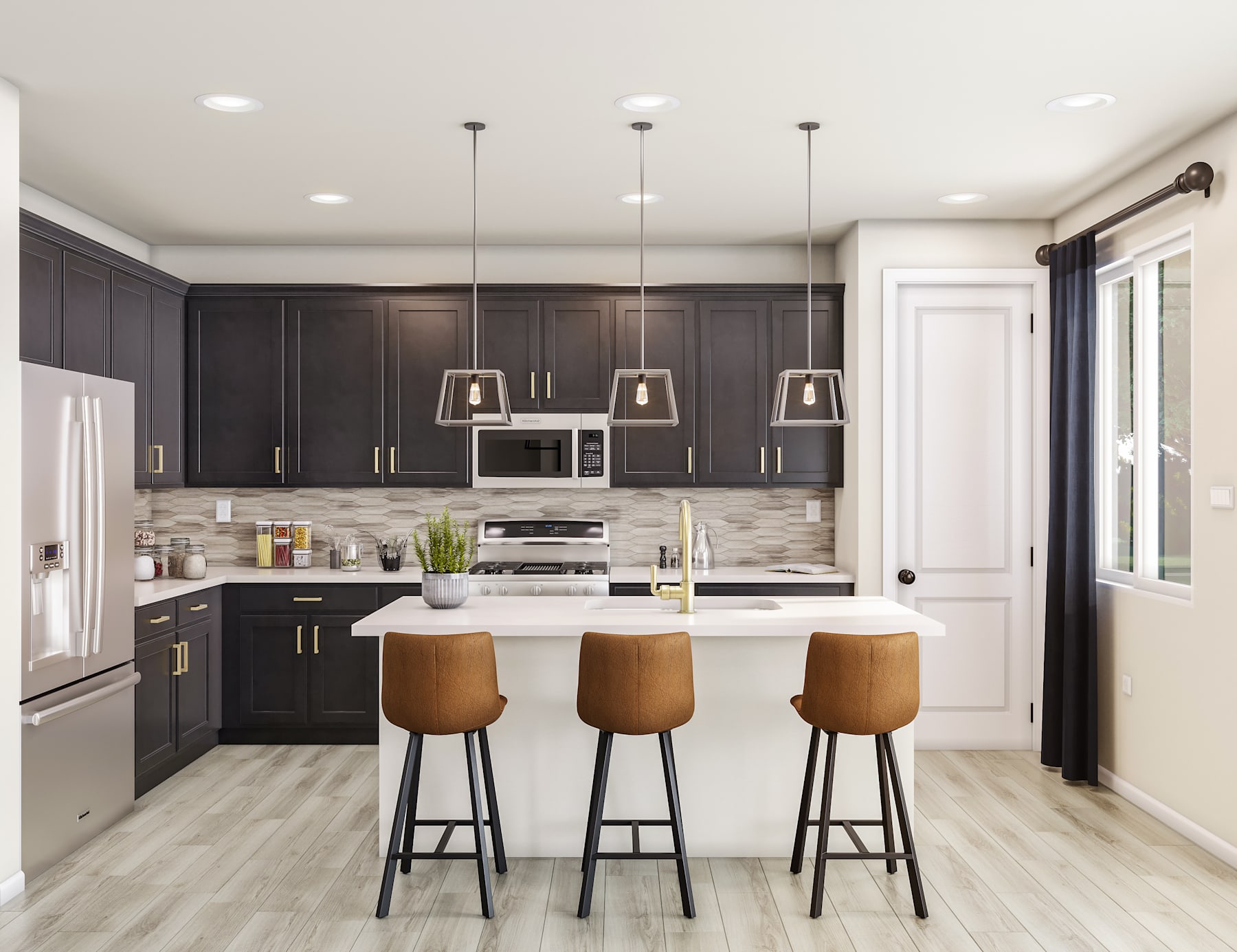 A modern and stylish kitchen with dark cabinets, a white countertop, and three wooden bar stools at the island.