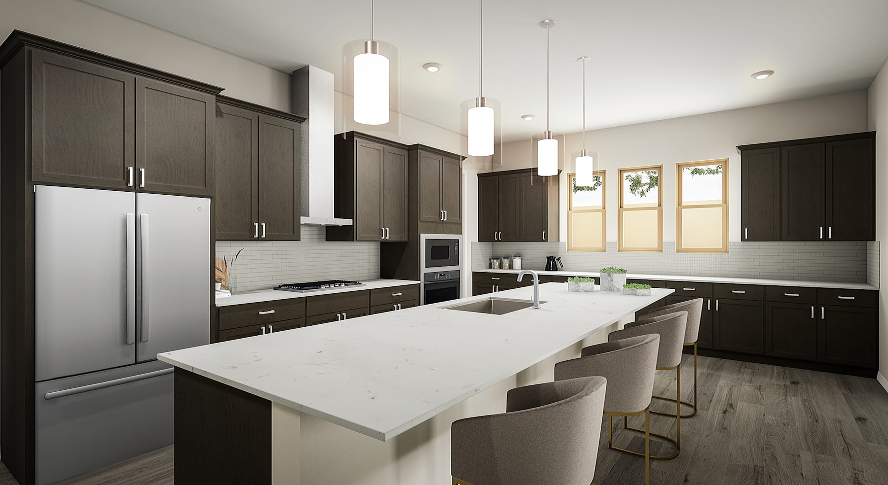 A modern, well-designed kitchen with dark cabinets, a white countertop, and pendant lighting fixtures, set against a bright and airy background.