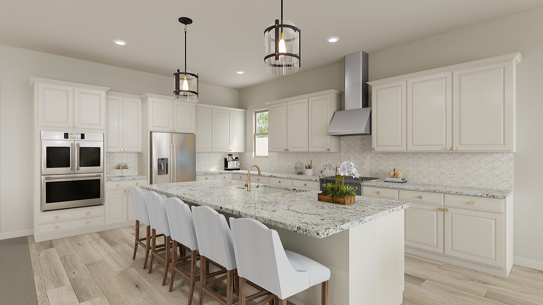 A modern, bright kitchen with white cabinets, granite countertops, and pendant lighting over a central island with bar stools.