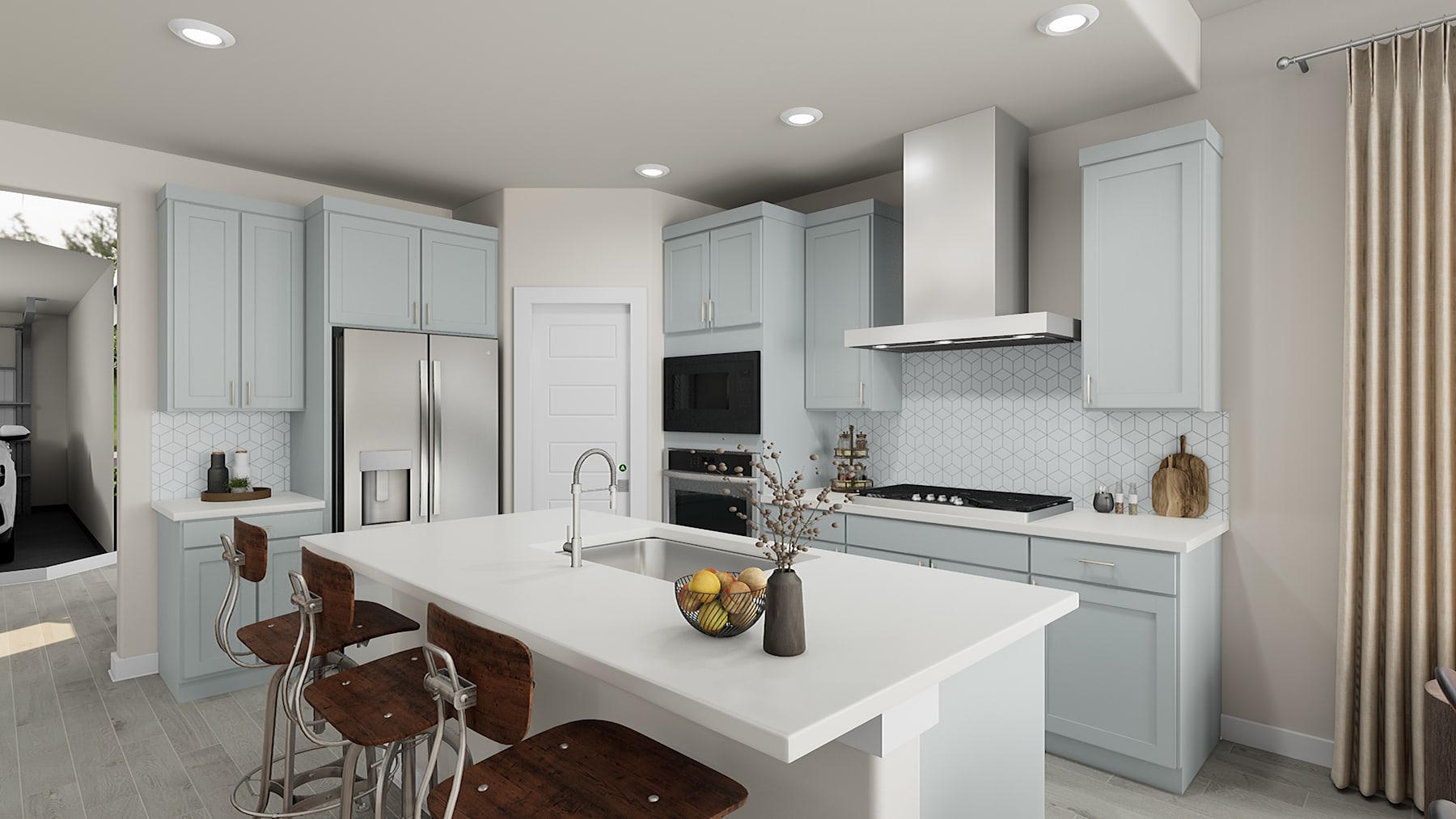 A modern, well-equipped kitchen with light gray cabinets, a white countertop, and various kitchen appliances and accessories on the counter.