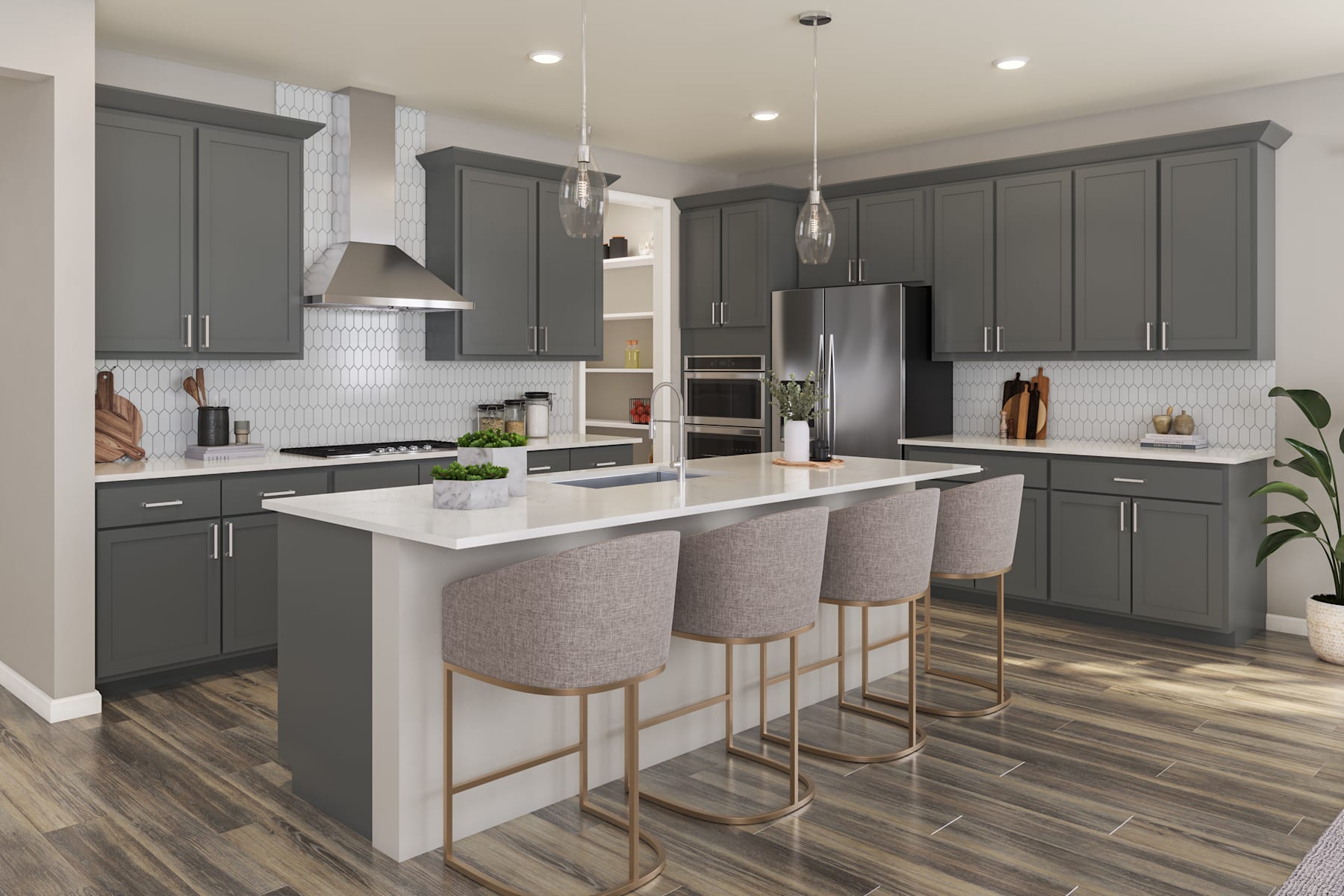 A modern and stylish kitchen with gray cabinets, a white countertop, and a central island with bar stools, set against a backdrop of hardwood floors and a neutral color scheme.