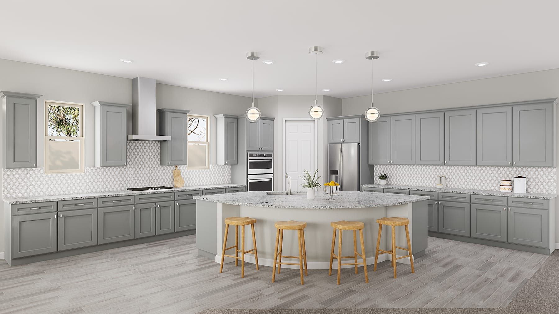 A modern, spacious kitchen with gray cabinets, a large island with stools, and a tiled backsplash, set against a light-colored hardwood floor.
