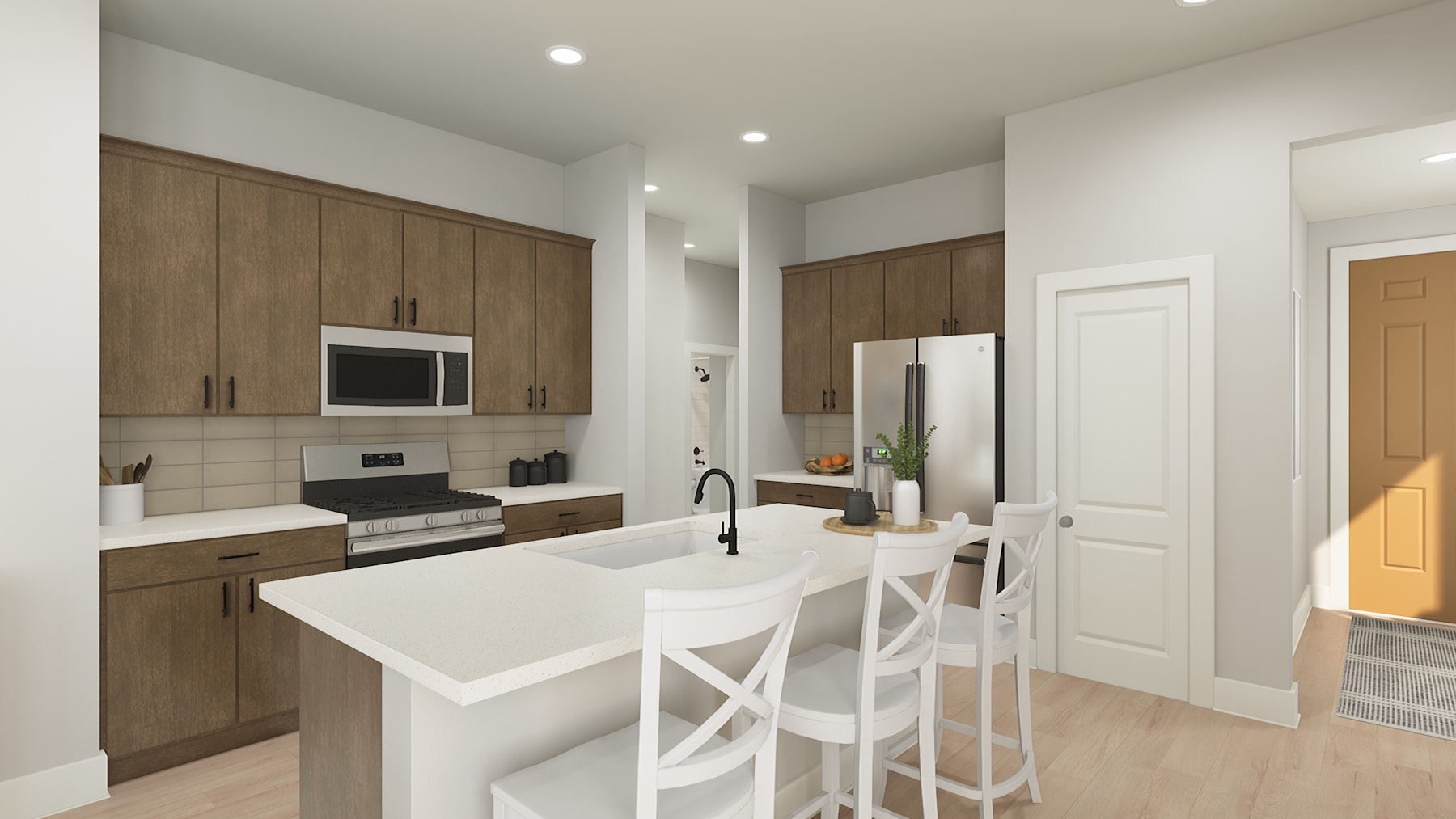 A modern and minimalist kitchen with wooden cabinets, white countertops, and a small dining area with white chairs.