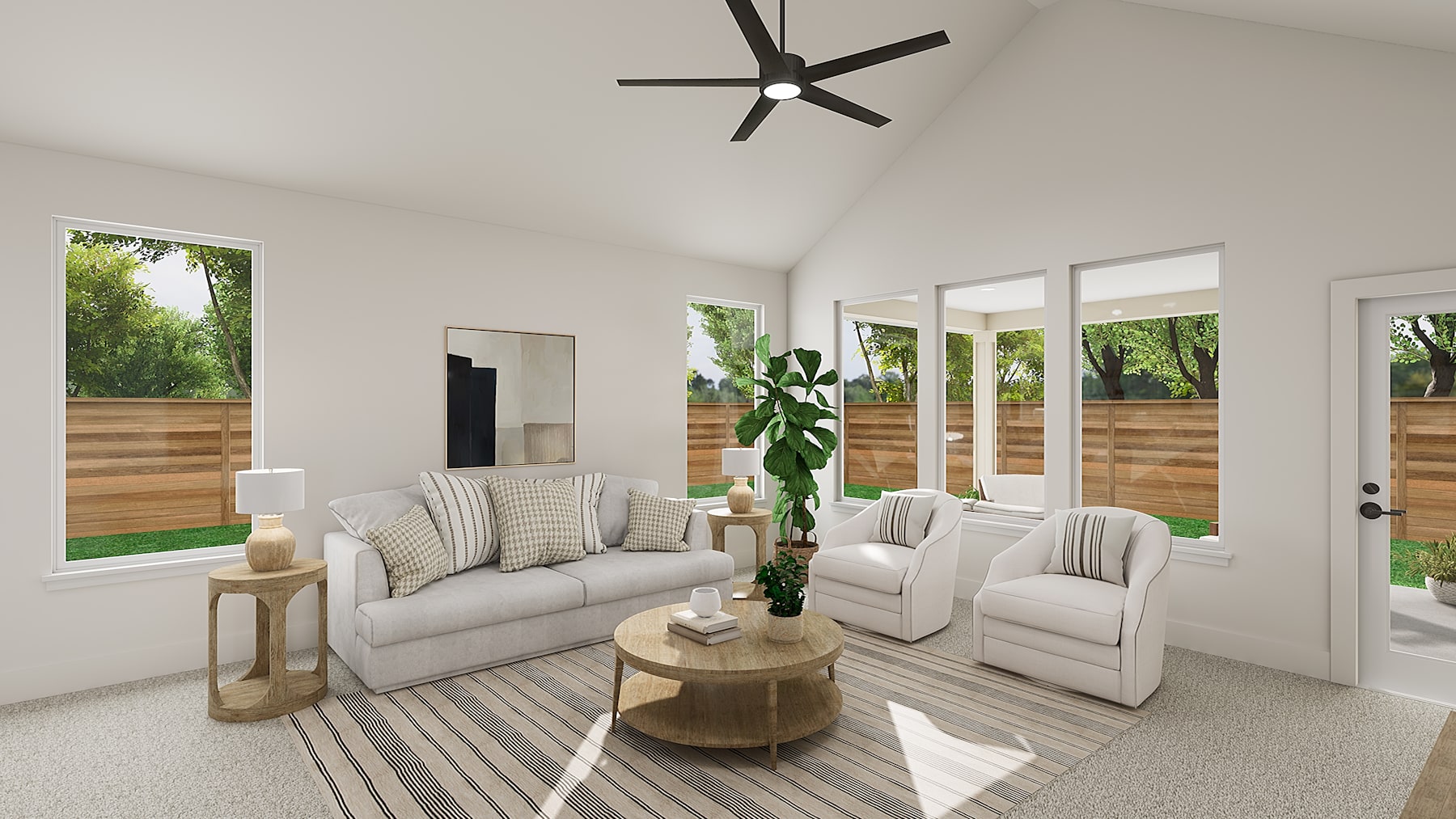 A bright and airy living room with large windows overlooking a lush, green outdoor space, featuring a cozy seating arrangement with plush sofas and a wooden coffee table.