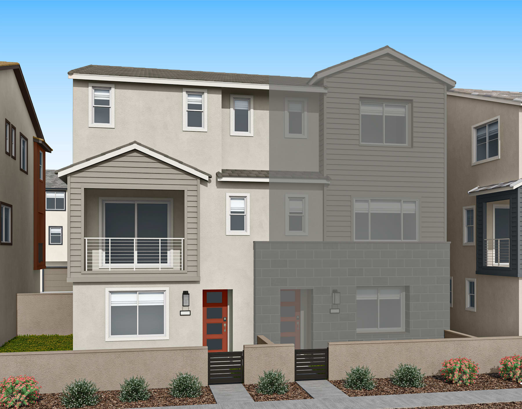 A multi-story residential building with a gray exterior, featuring a balcony and landscaped front yard, set against a clear blue sky.