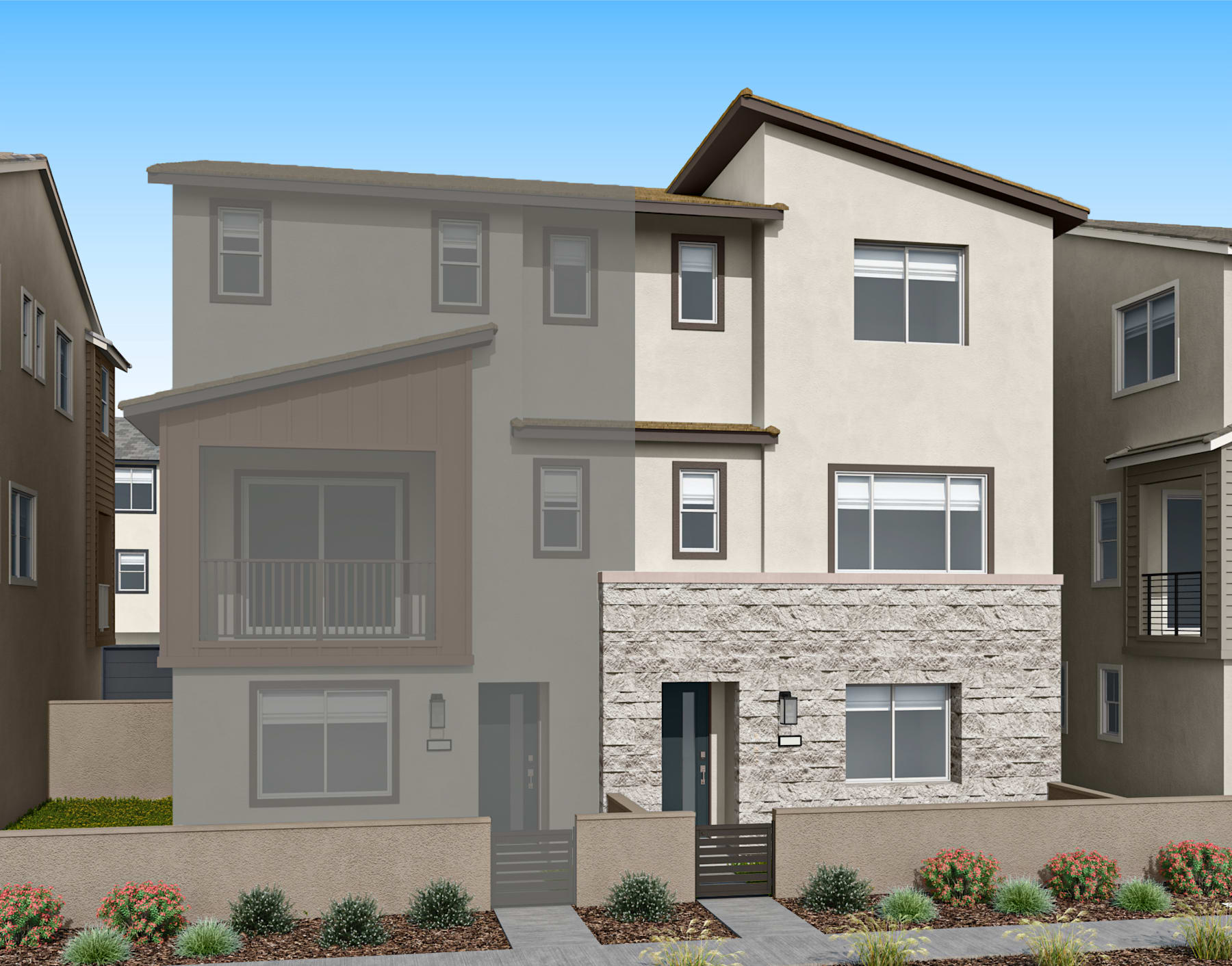 A modern, multi-story residential building with a stone facade, surrounded by landscaped gardens and a clear blue sky in the background.