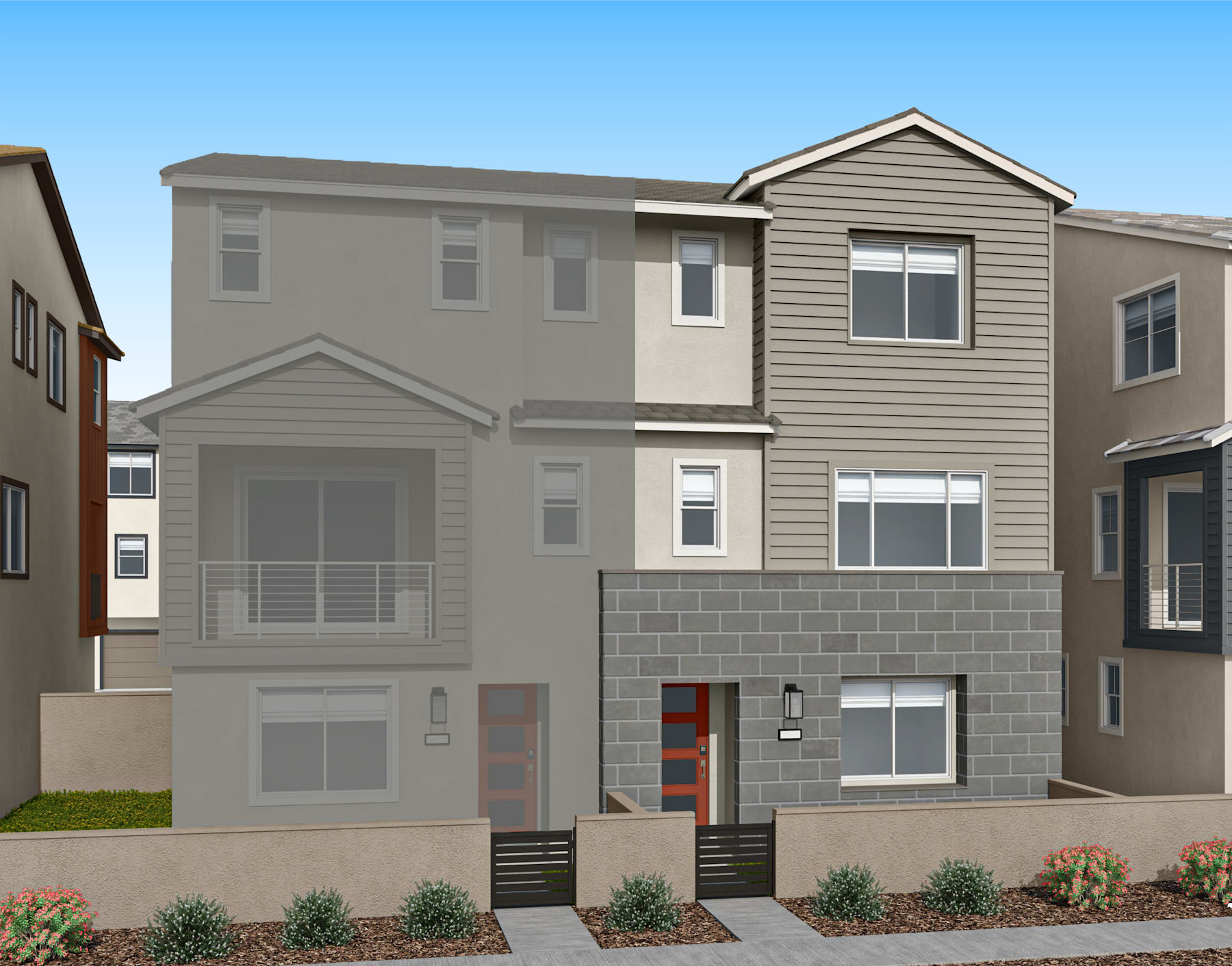 A multi-story residential building with a gray exterior, surrounded by landscaping and set against a clear blue sky.