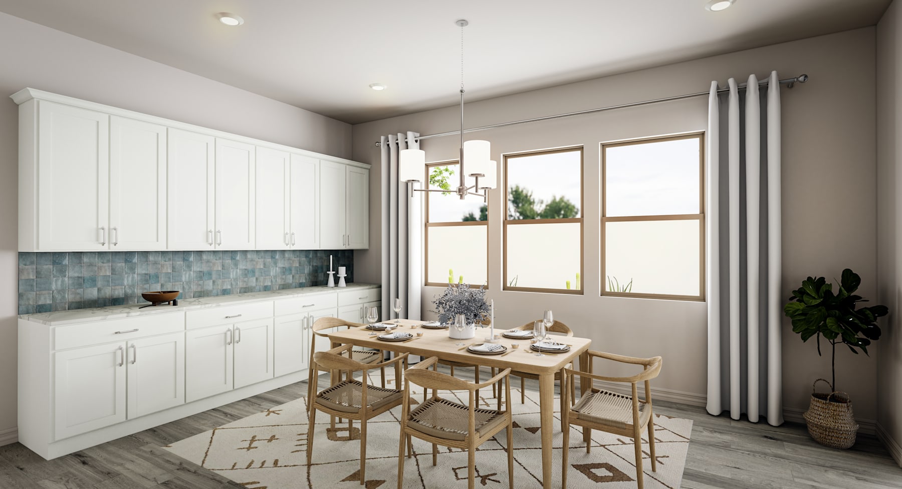 A modern, minimalist kitchen with white cabinets, a tiled backsplash, and a wooden dining table with chairs in the foreground, surrounded by large windows that let in natural light.