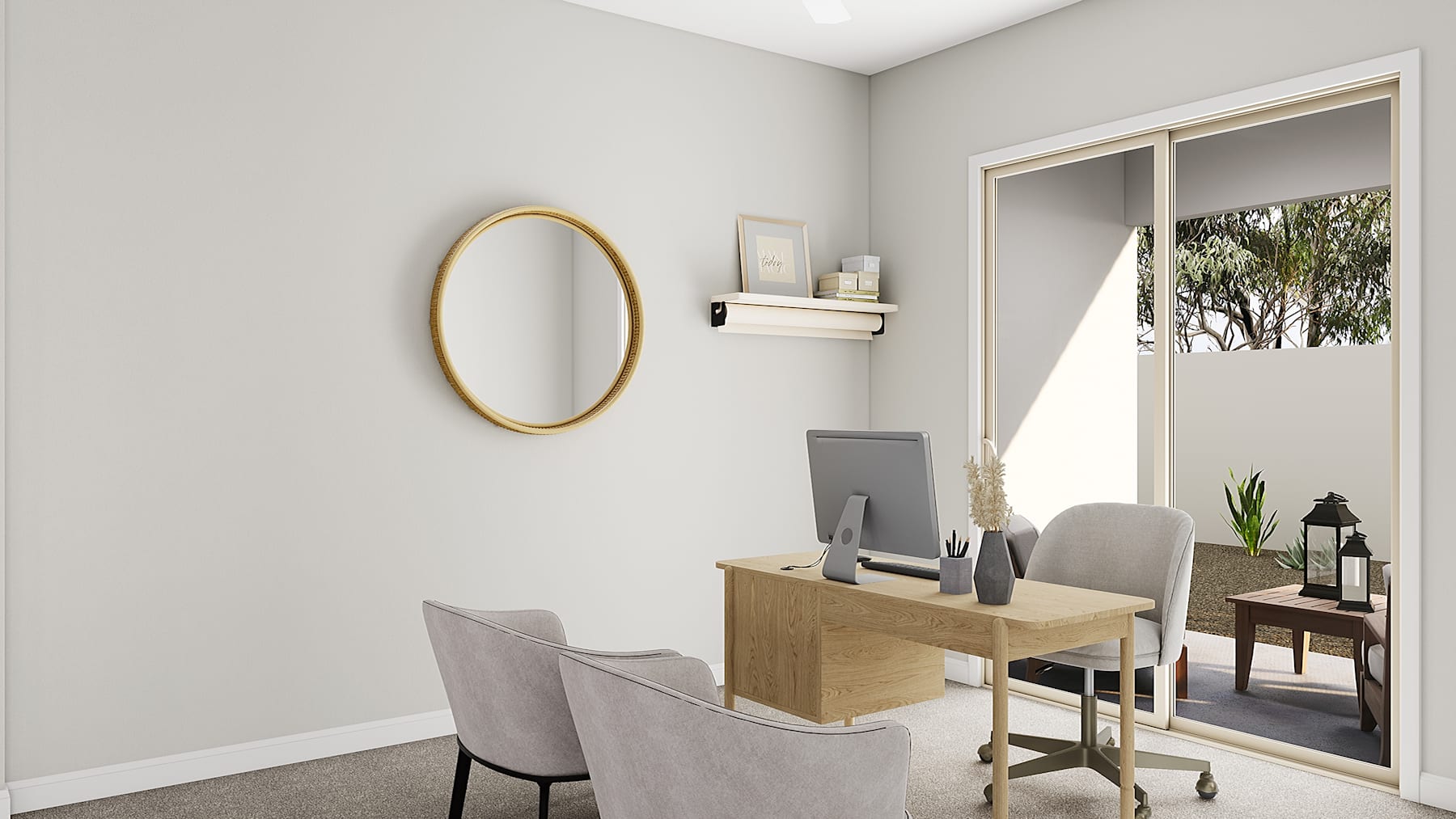 A minimalist home office space with a wooden desk, a gold-framed mirror, and a potted plant, set against a neutral-toned wall.