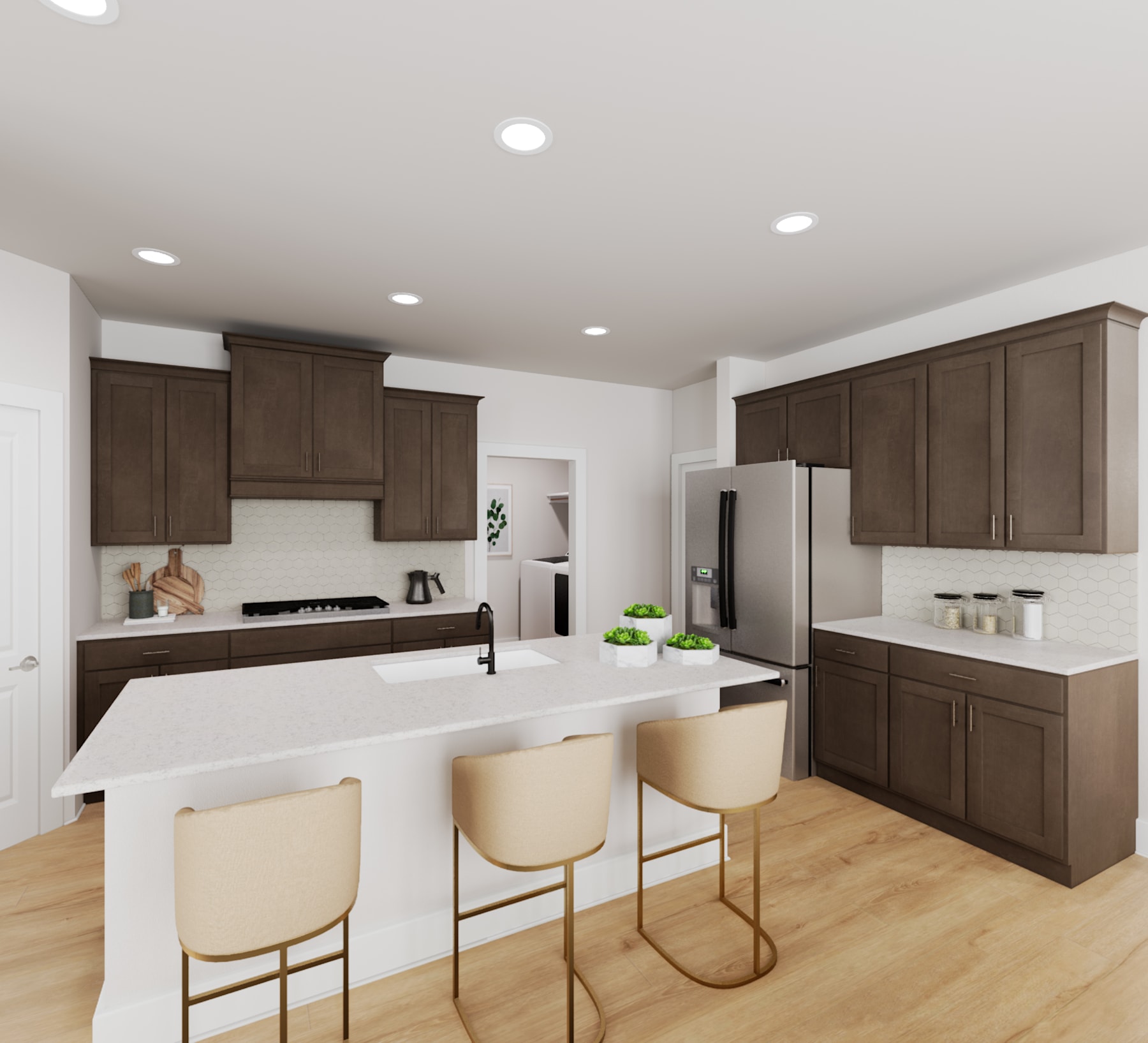 A modern and spacious kitchen with dark wood cabinets, a white countertop, and bar stools in the foreground, set against a light-colored wall and hardwood flooring in the background.