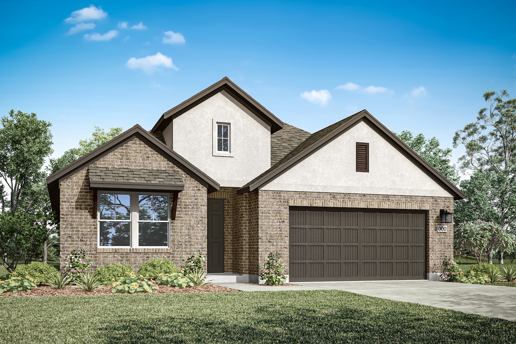 A two-story house with a black roof, white exterior, and large windows stands in a well-manicured yard with lush greenery in the background.
