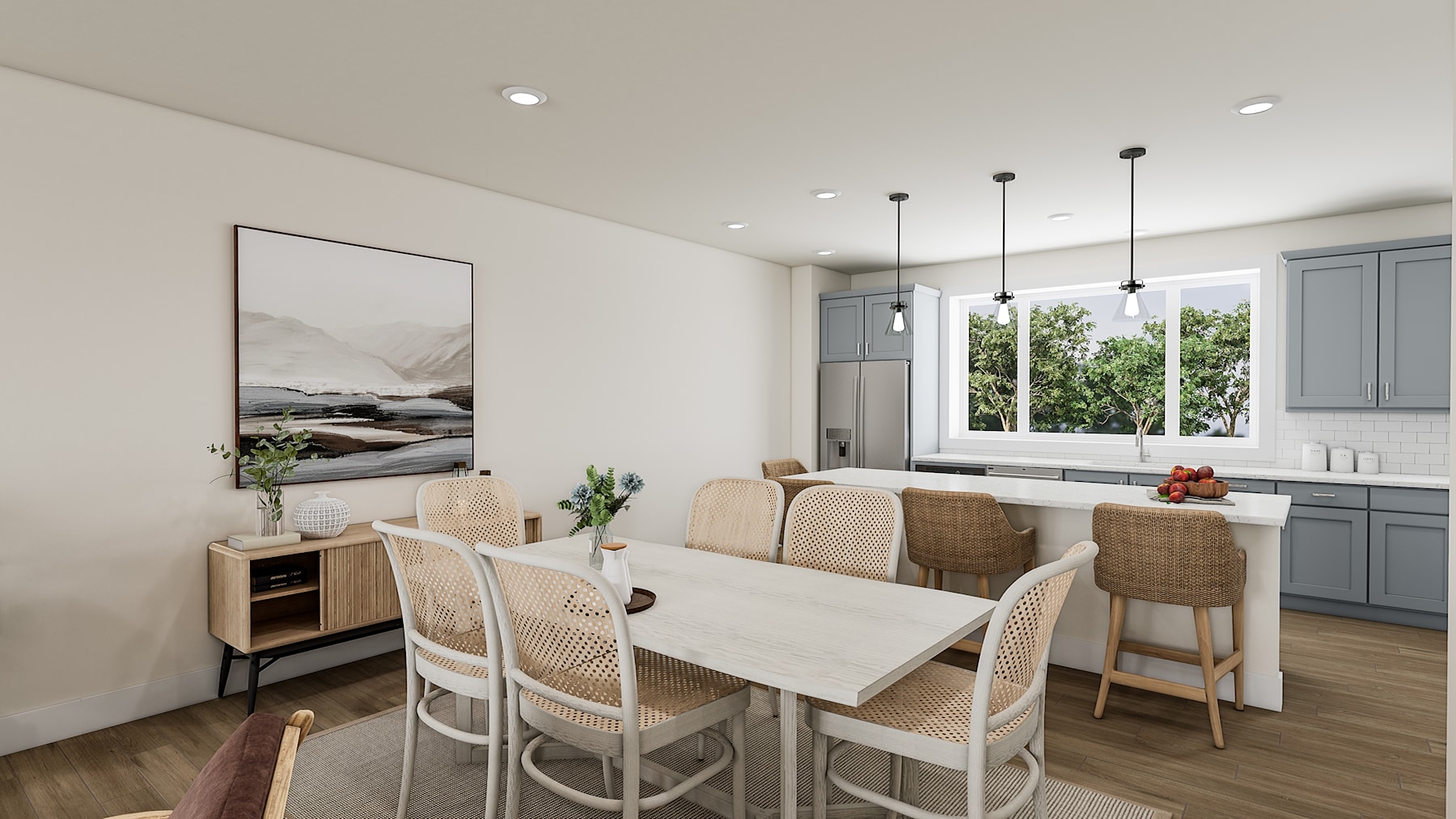 A modern and cozy dining area with a wooden table, wicker chairs, and a large window overlooking a lush outdoor landscape.