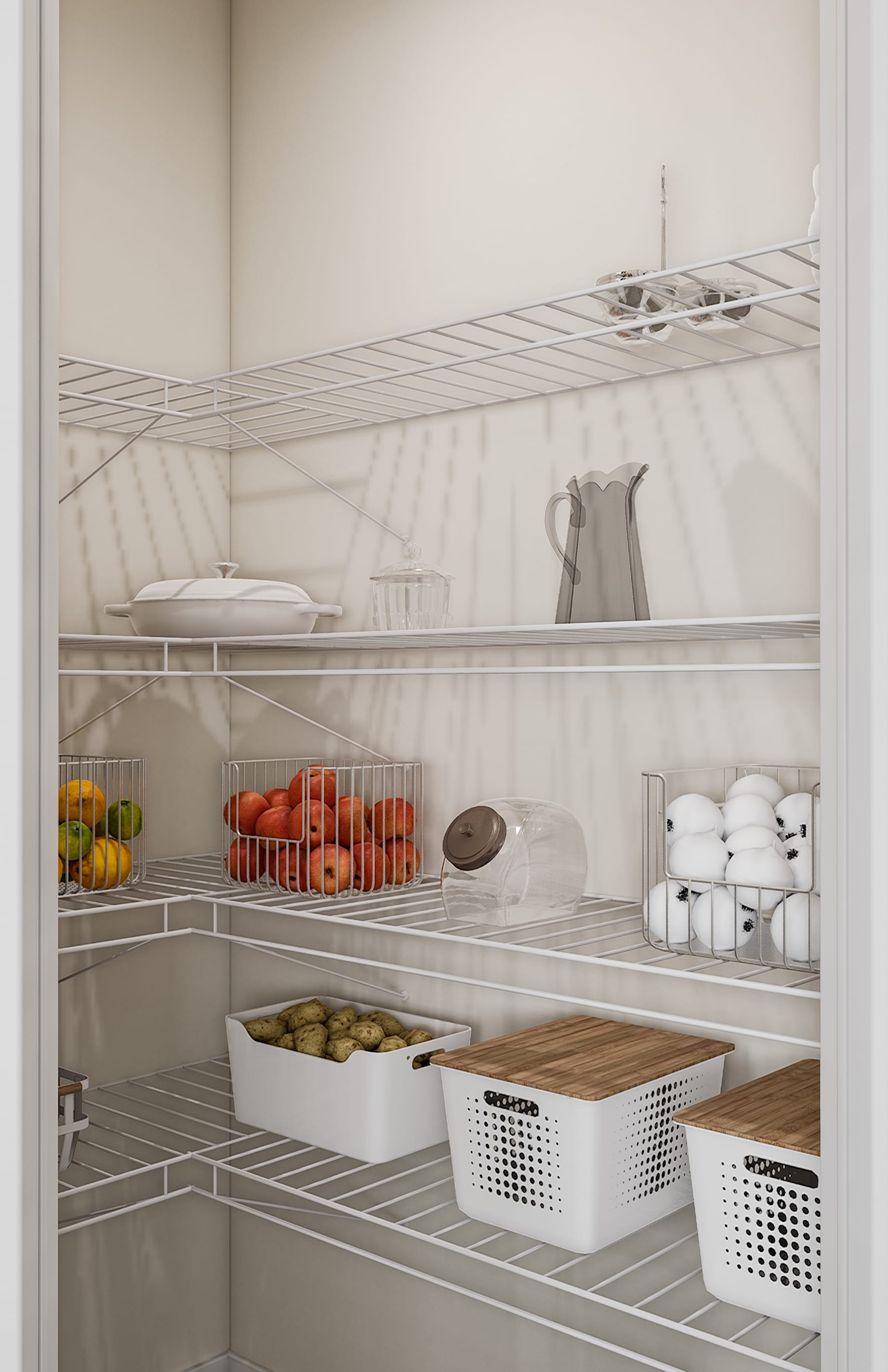 A well-organized refrigerator interior with various food items, containers, and kitchen utensils neatly arranged on the shelves.