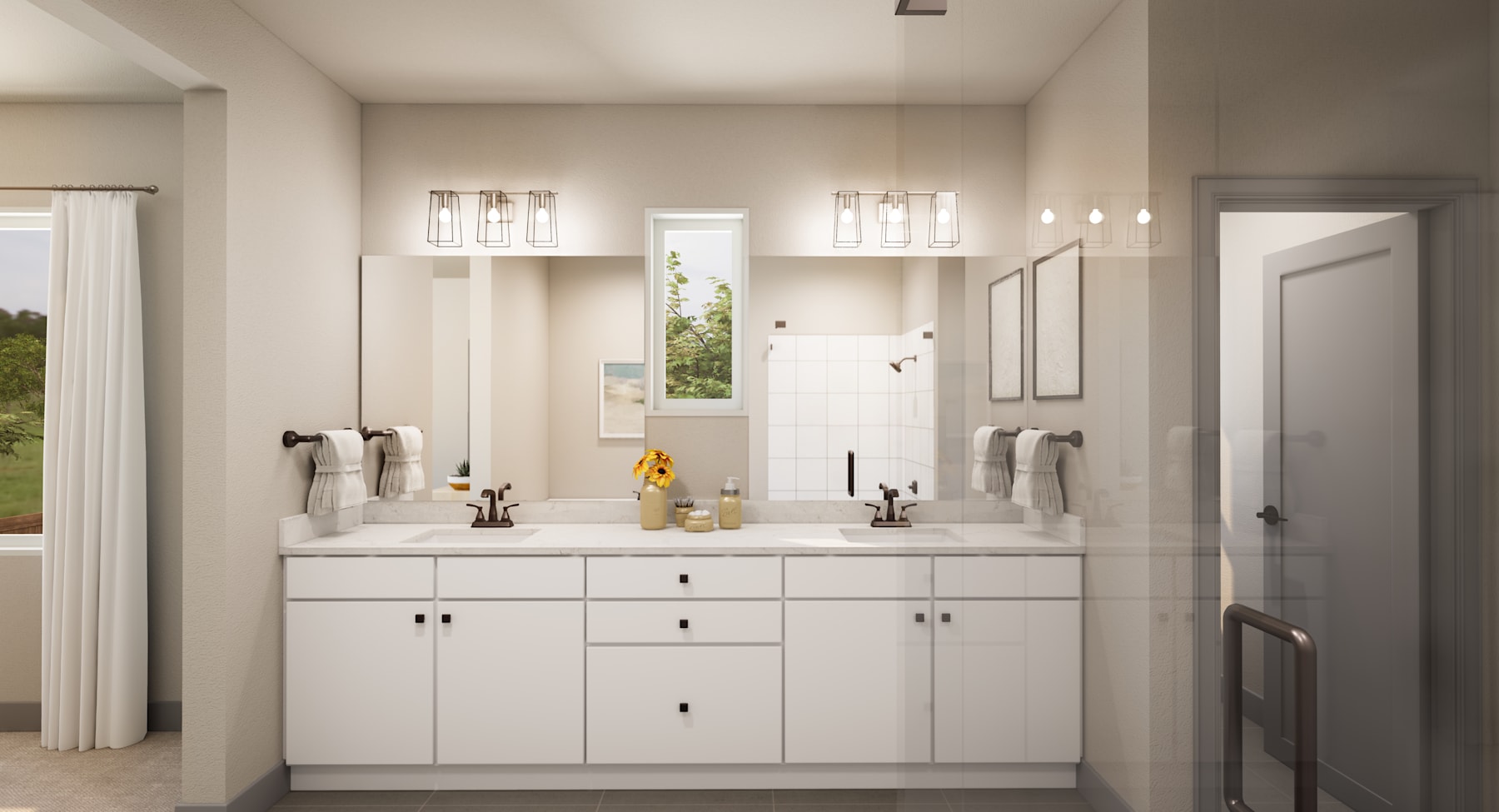 A modern, well-lit bathroom with a double vanity, white cabinets, and decorative lighting fixtures, set against a backdrop of a window overlooking a scenic outdoor view.