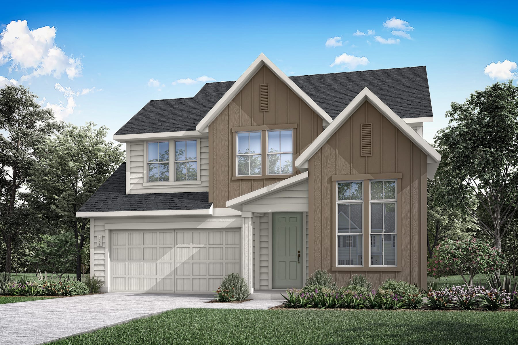 A two-story residential house with a garage, surrounded by lush greenery and a clear blue sky with fluffy clouds.