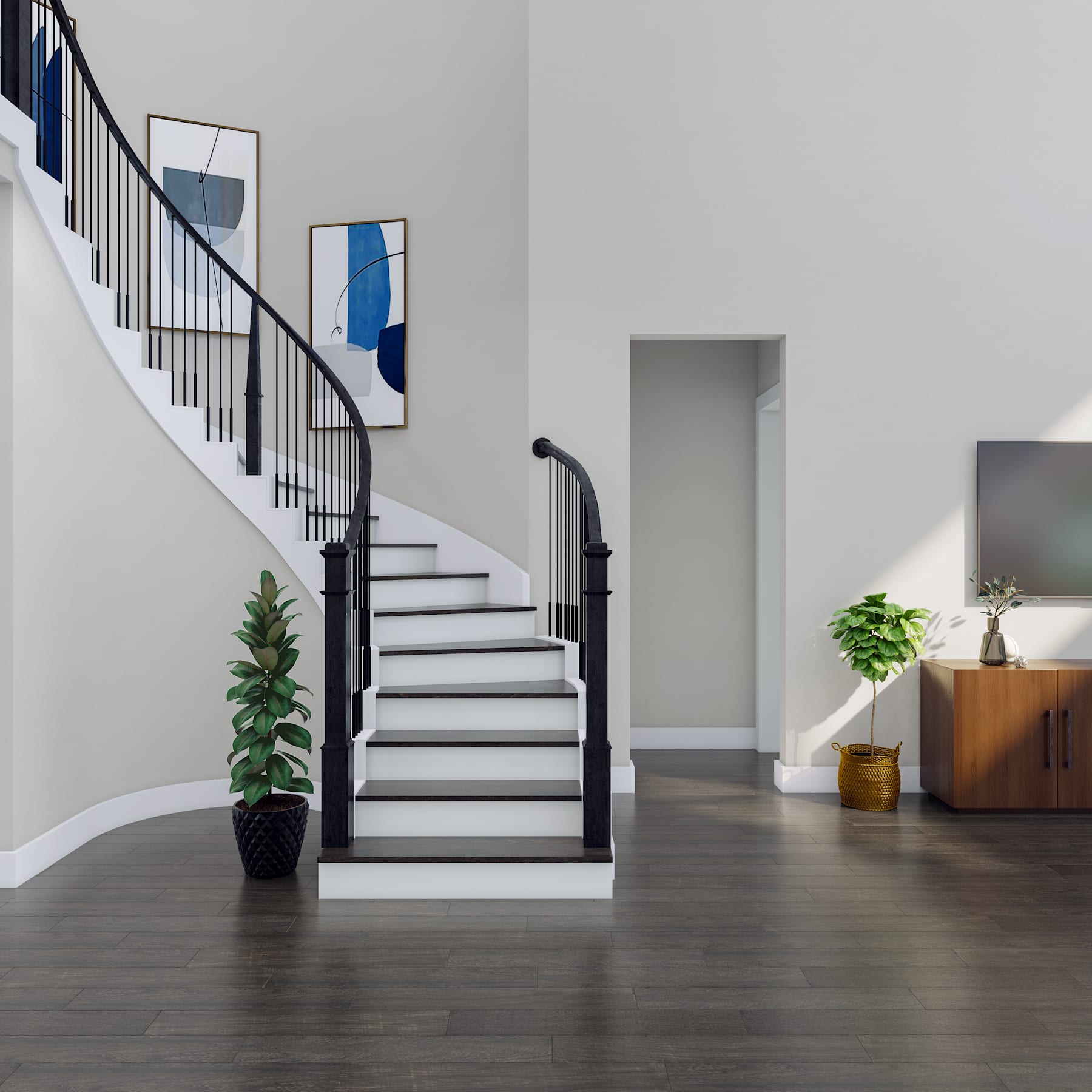 A modern, minimalist staircase with black metal railings leads up to a second floor, surrounded by a neutral-toned interior with potted plants and a wooden cabinet in the background.
