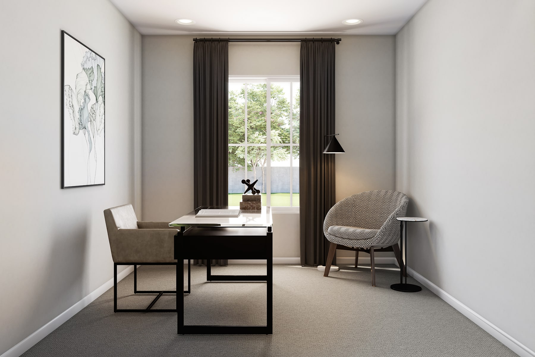 A cozy and minimalist home office space with a wooden desk, a comfortable chair, and a large window overlooking the outdoors.