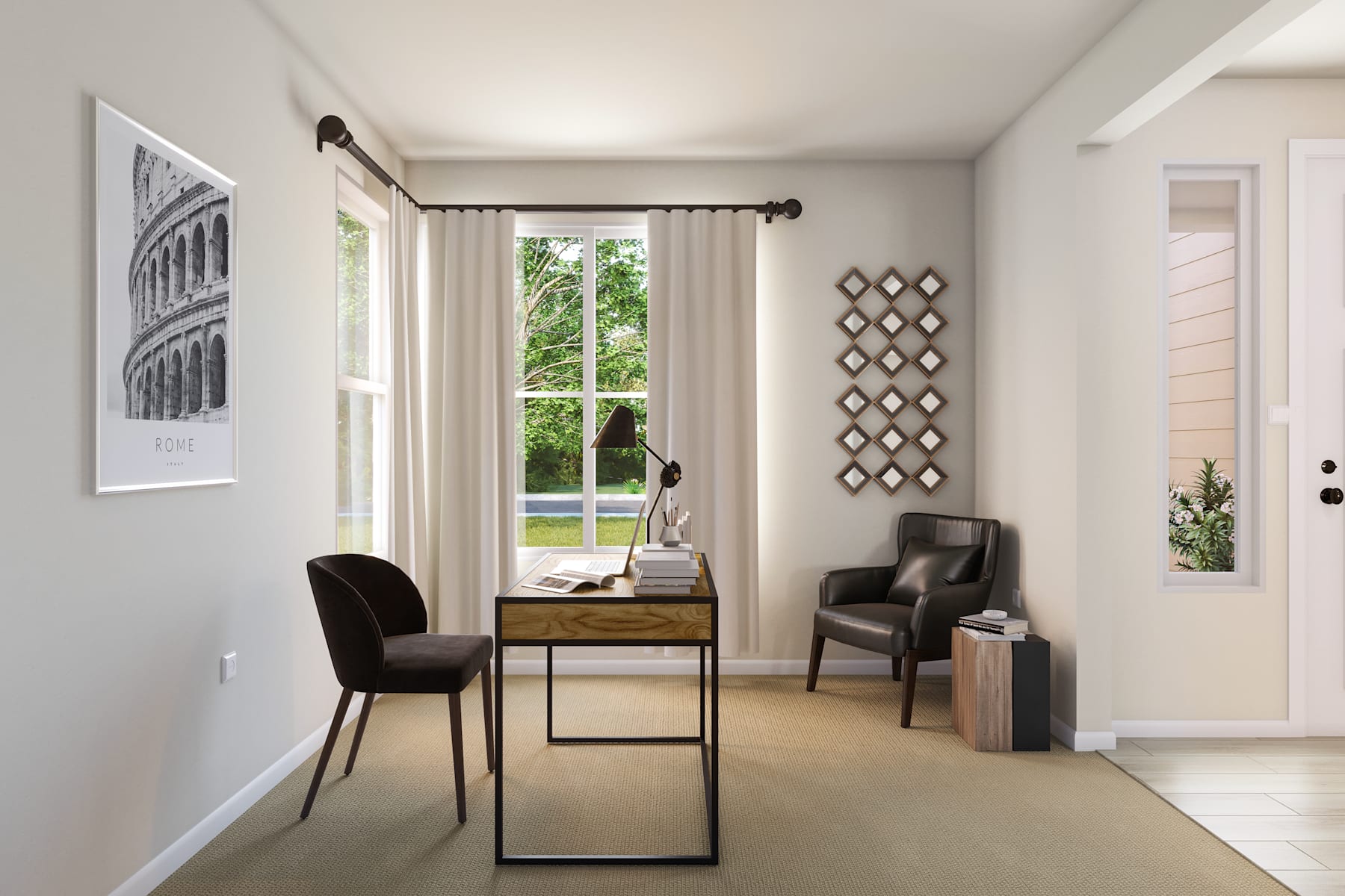 A modern and minimalist entryway with a wooden console table, black chairs, and a framed artwork on the wall, overlooking a lush outdoor view through the large window.